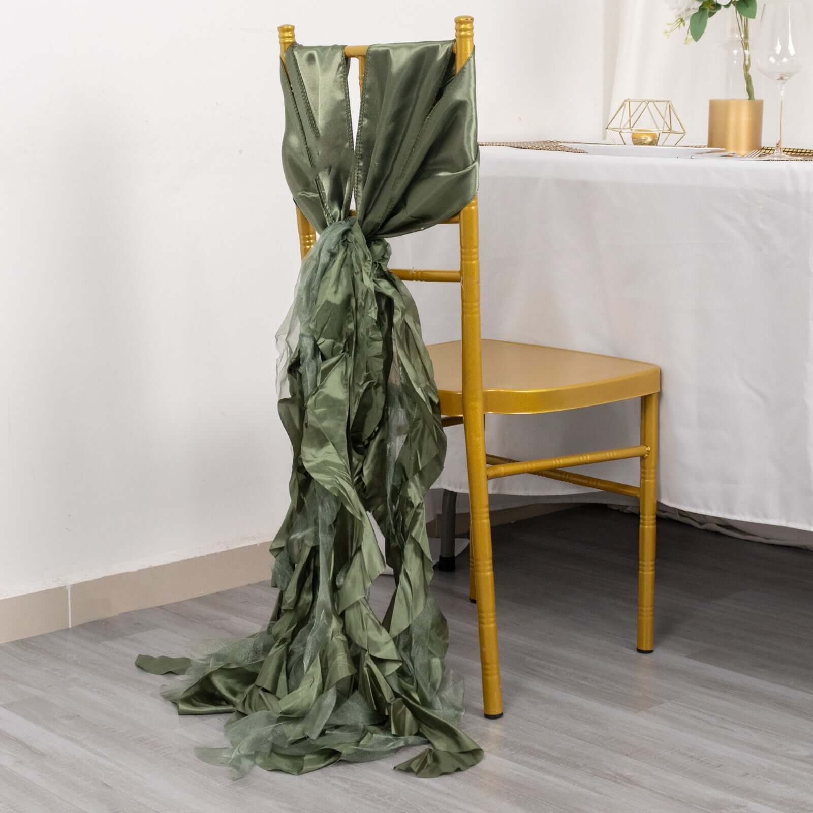 5 Pack Chiffon Satin Chair Sashes Dusty Sage Green - Easy to Install Ruffled Curly Willow