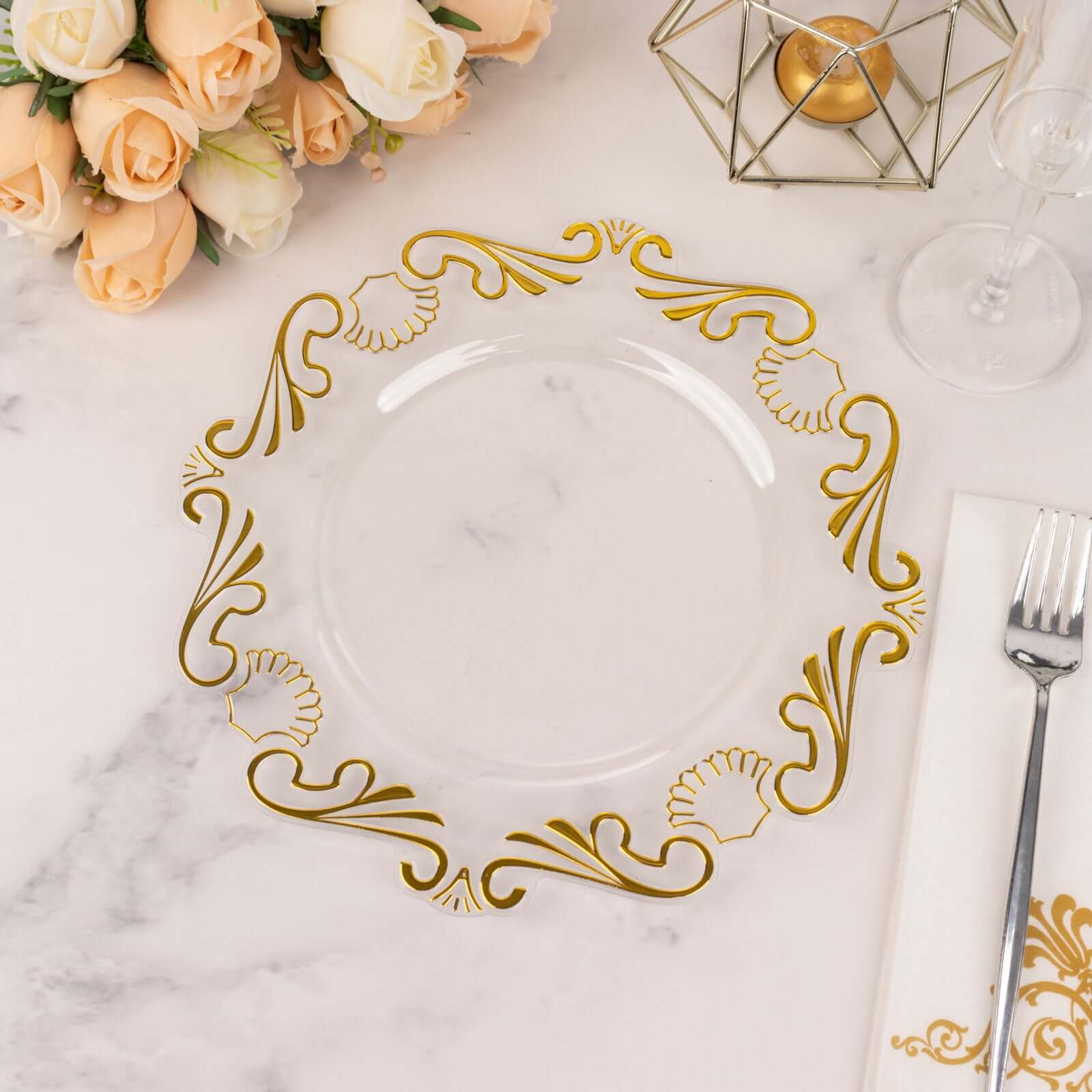 10-Pack Plastic 10 Round Dinner Plates in Clear with Gold Vintage Baroque Scalloped Rim - European Style Disposable Party Plates