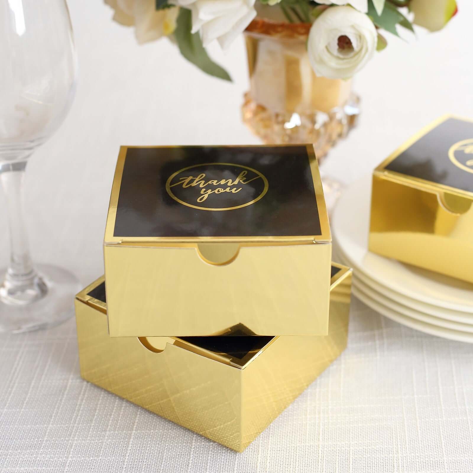 25 Pack Black Gold Thank You Print Paper Favor Boxes, Cardstock Party Shower Candy Gift Boxes - 4x4x2