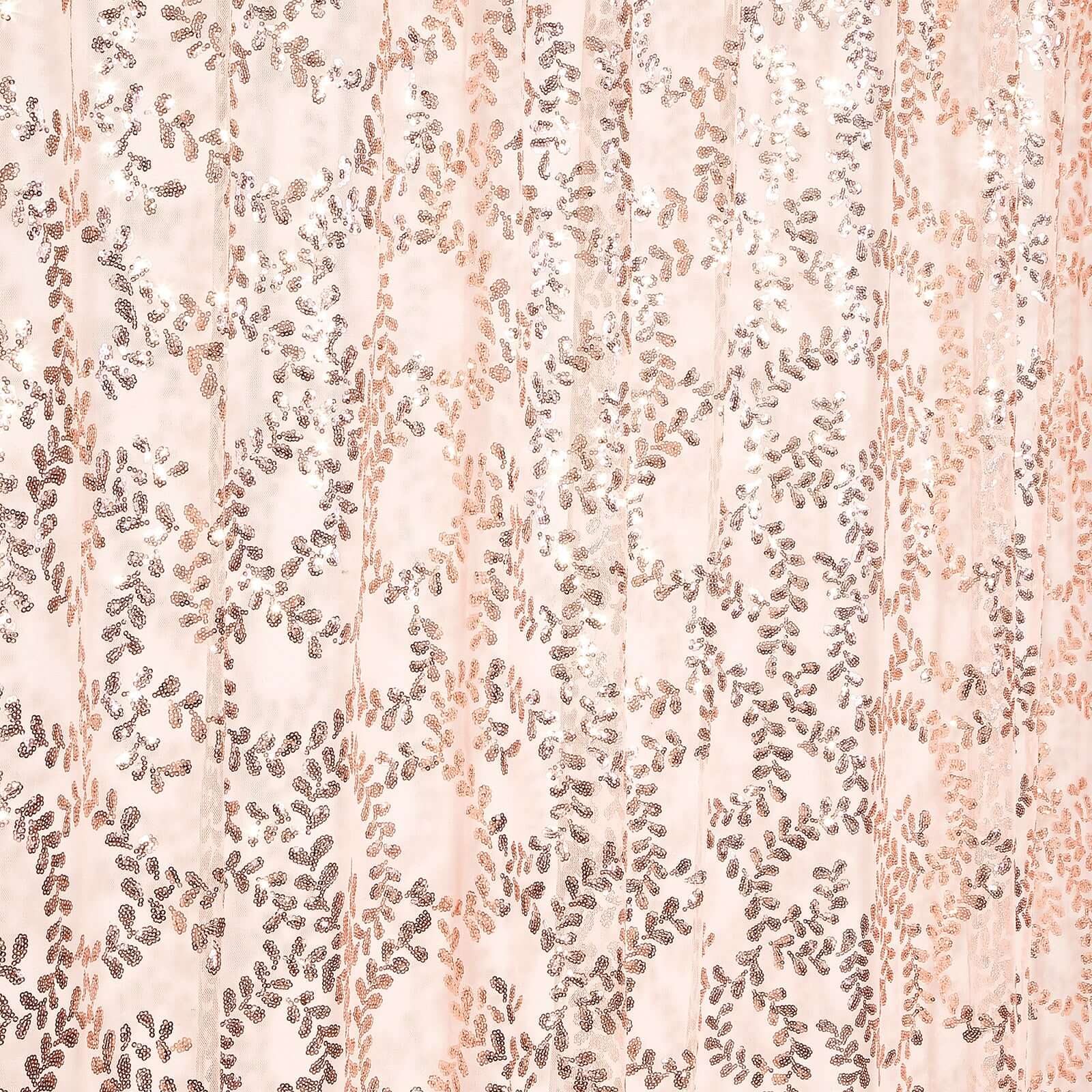 8ftx8ft Rose Gold Embroider Sequin Event Curtain Drapes, Sparkly Sheer Backdrop Event Panel With Embroidery Leaf