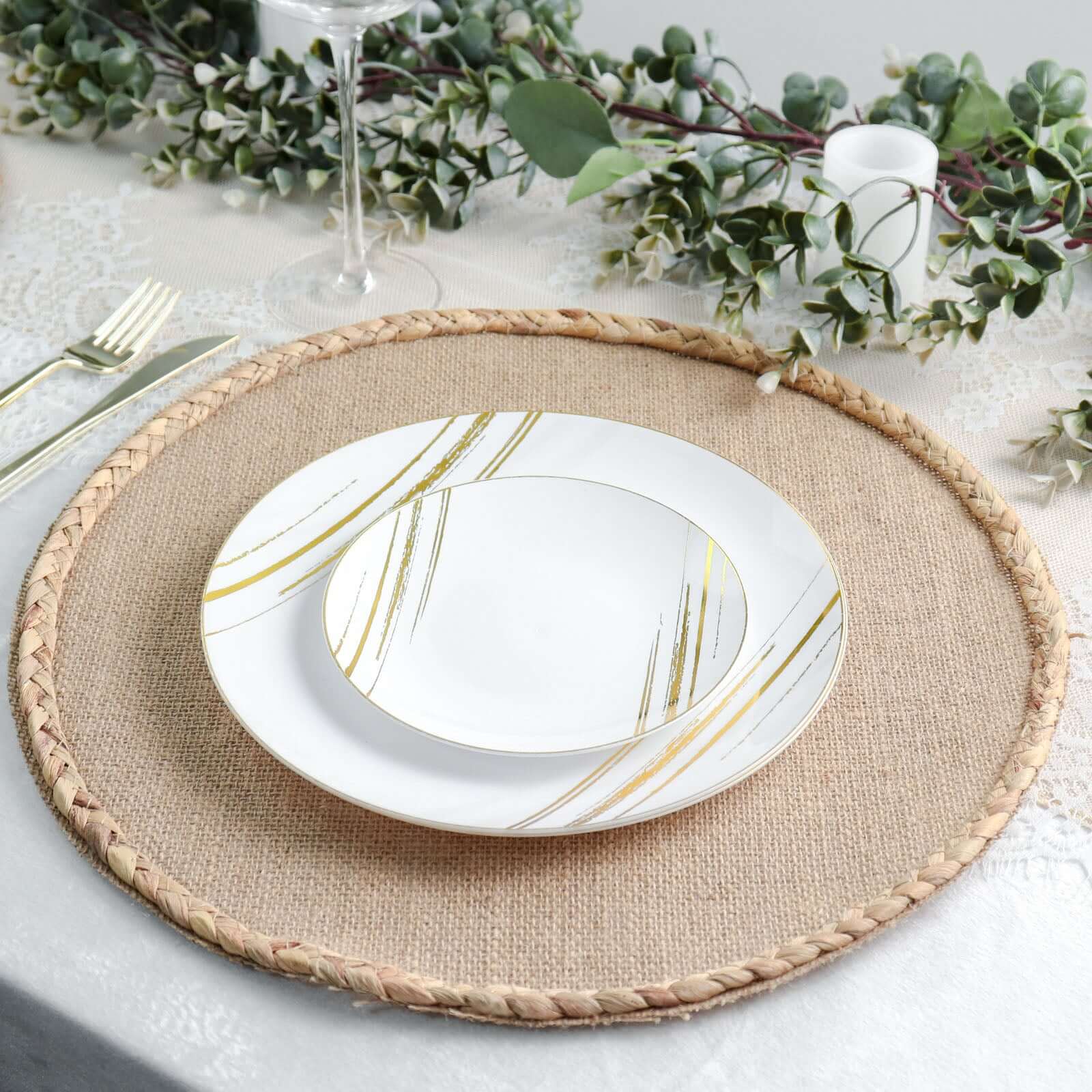 4-Pack Placemats Braided Edge Design Natural Burlap Jute Round - Rustic Farmhouse Style with Trim 15