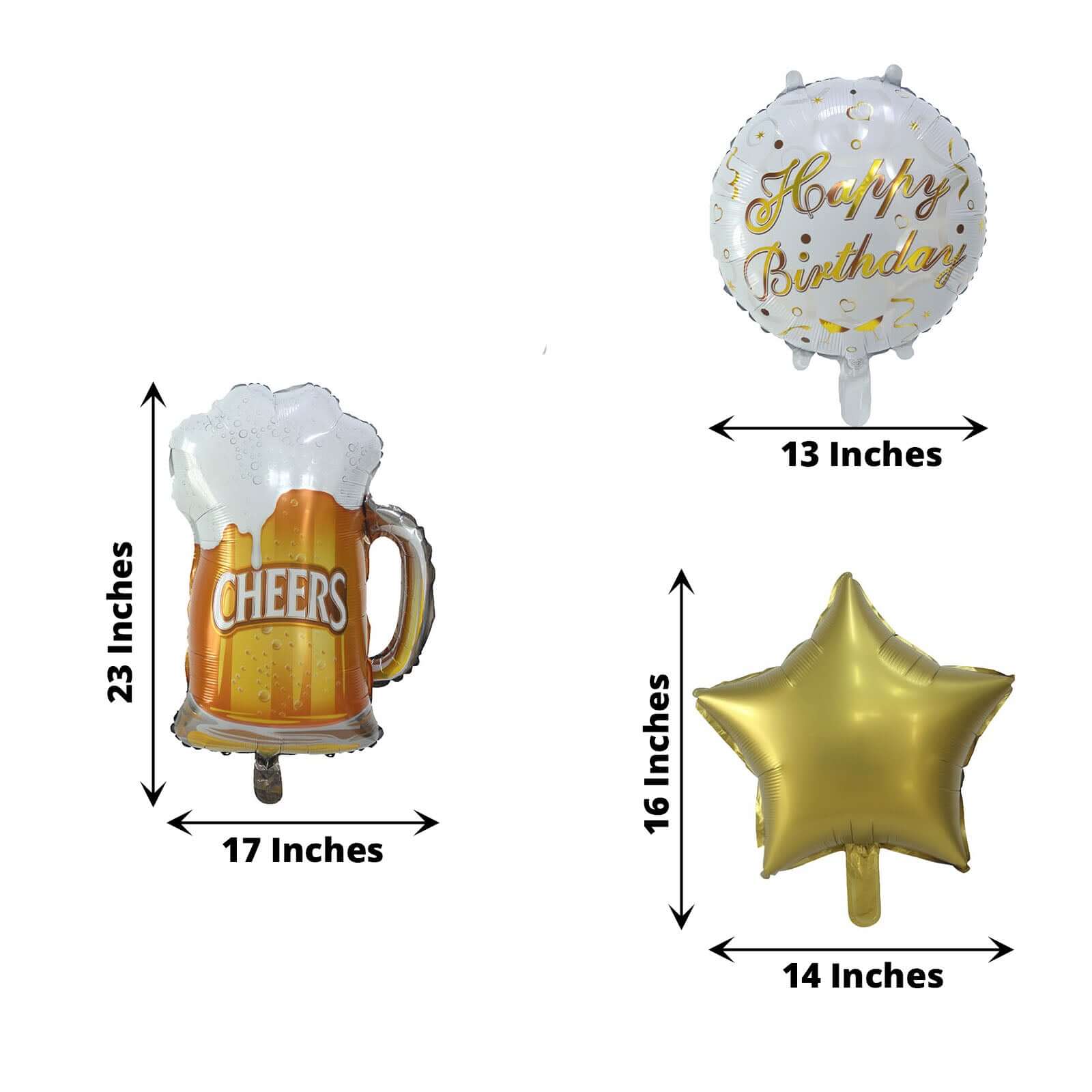 Set of 5 White Gold Round Happy Birthday Mylar Foil Helium Balloon Set, Cheers Beer Mug, Star Balloon Bouquet With Ribbon Birthday Party Decorations