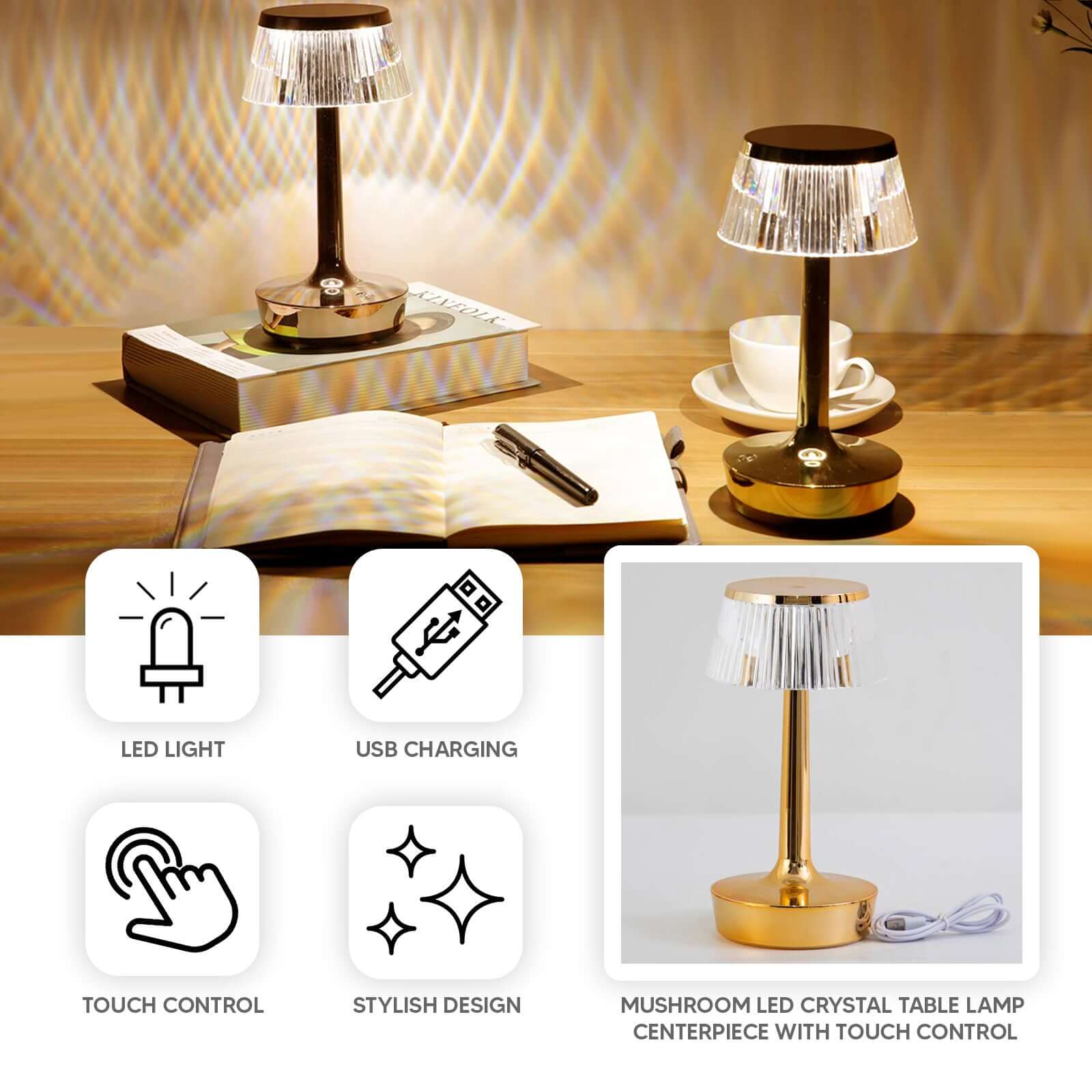 Acrylic LED Mushroom Table Lamp Clear Gold Color Changing Touch Control Night Light - Rechargeable Centerpiece 9