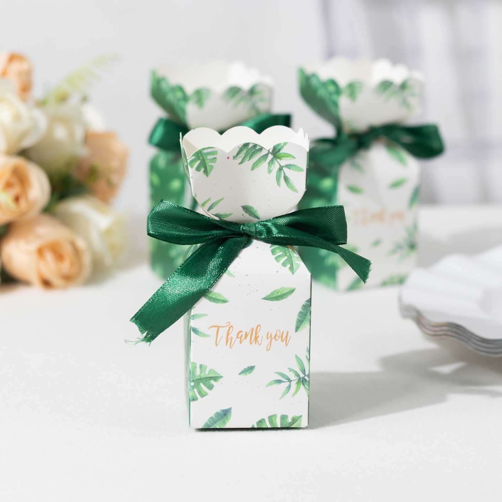 25 Pack White Green Leaf Print Satin Ribbon Candy Gift Boxes With Floral Top, Cardstock Paper Party Favor Boxes - 2x5