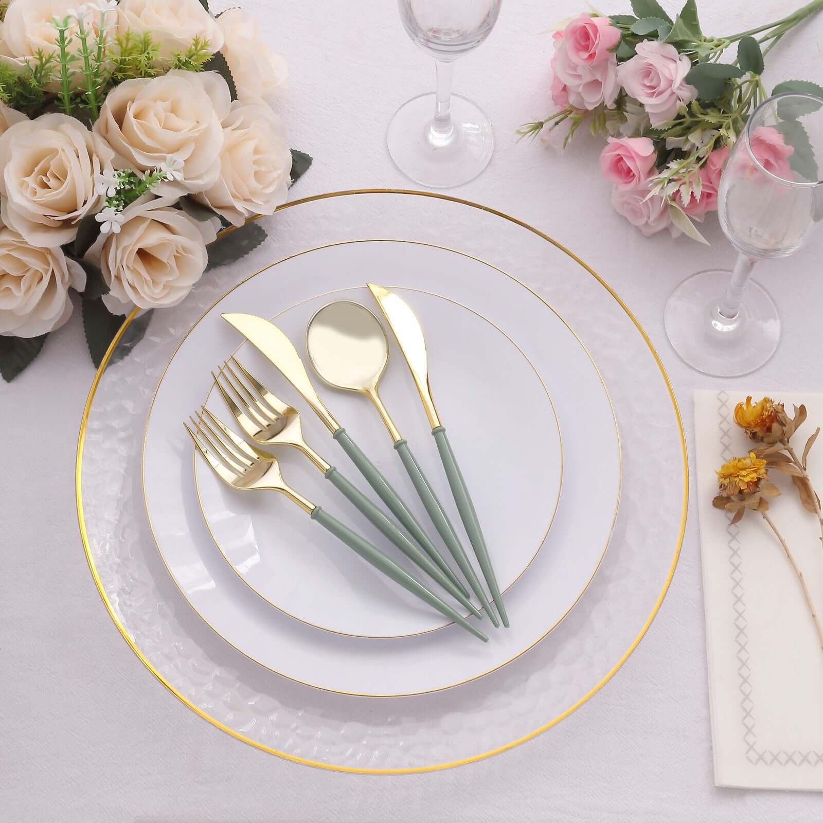 24-Pack Plastic Flatware Set in Metallic Gold with Dusty Sage Green Handle - Heavy Duty Disposable Modern Silverware 8