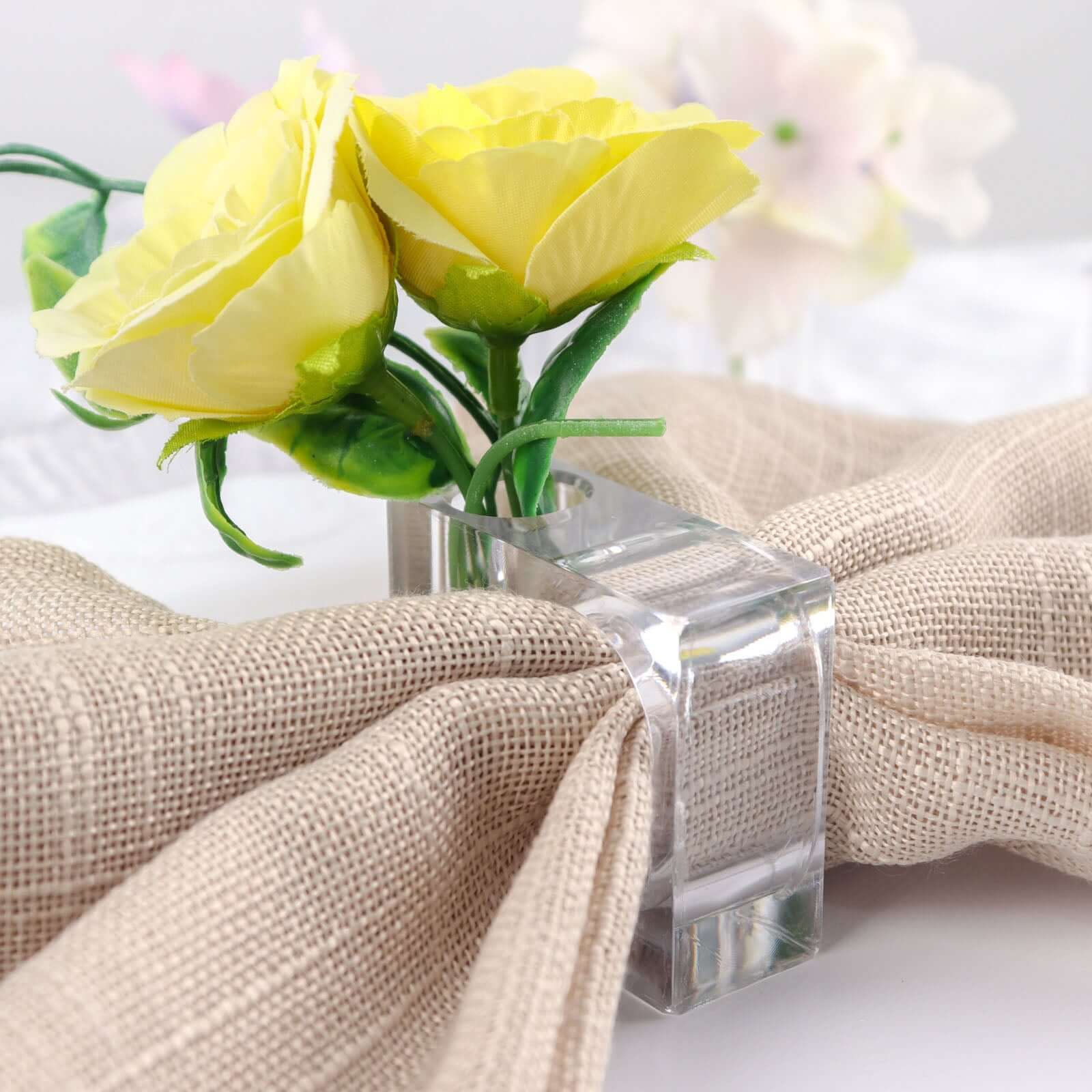 4-Pack Acrylic Napkin Rings 2-in-1 Square Mini Bud Vase Clear - Decorative Flower Napkin Holders for Table Settings