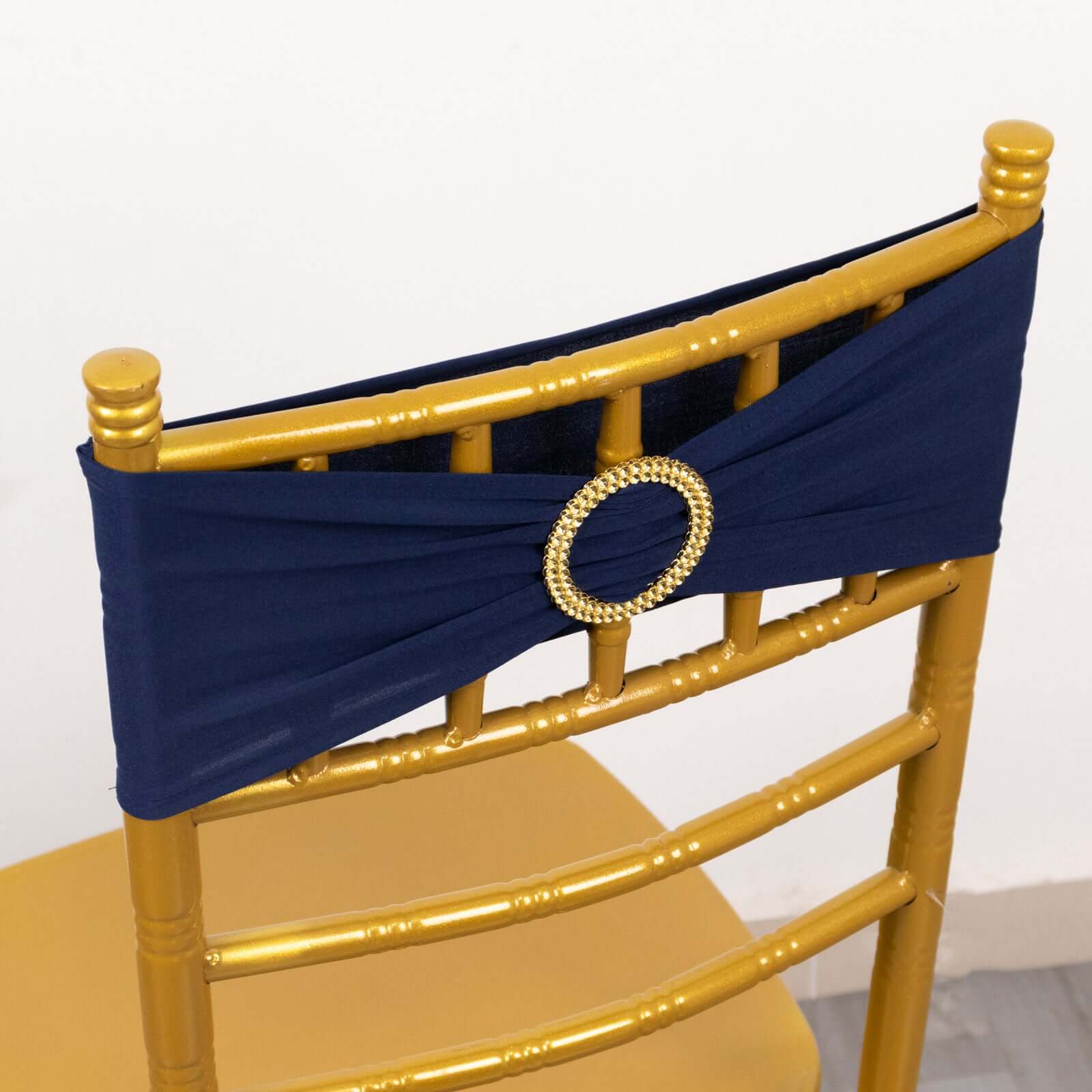 5 Pack Spandex Chair Sashes Navy Blue with Gold Rhinestone Buckles - Reusable Four-Way Stretch Sash Bands 5x14