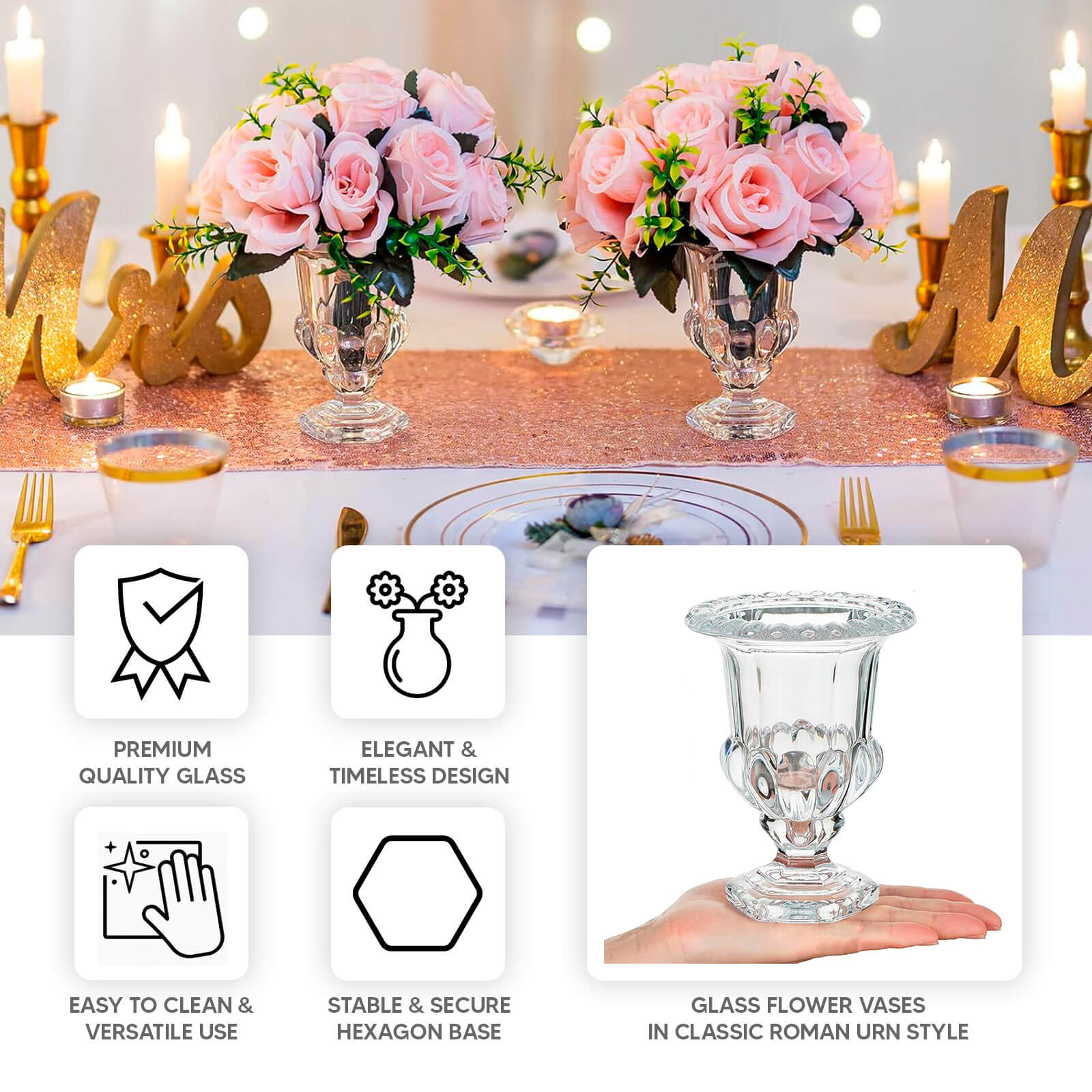 2-Pack Glass Mini Pedestal Flower Vases in Classic Roman Urn Style Clear - Sophisticated Wedding Table Centerpieces 6