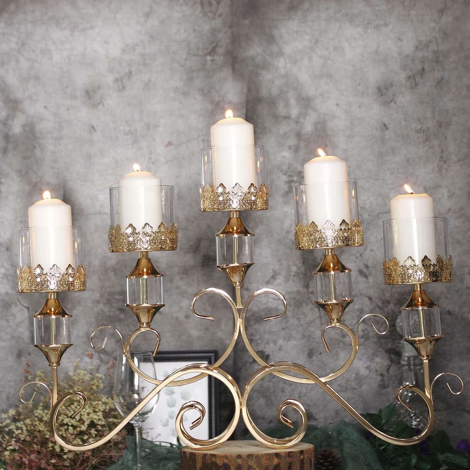 5-Arm Metal Table Candelabra Antique Gold Crown Top Design - Stylish Horizontal Table Centerpiece with Glass Votive Holders 18