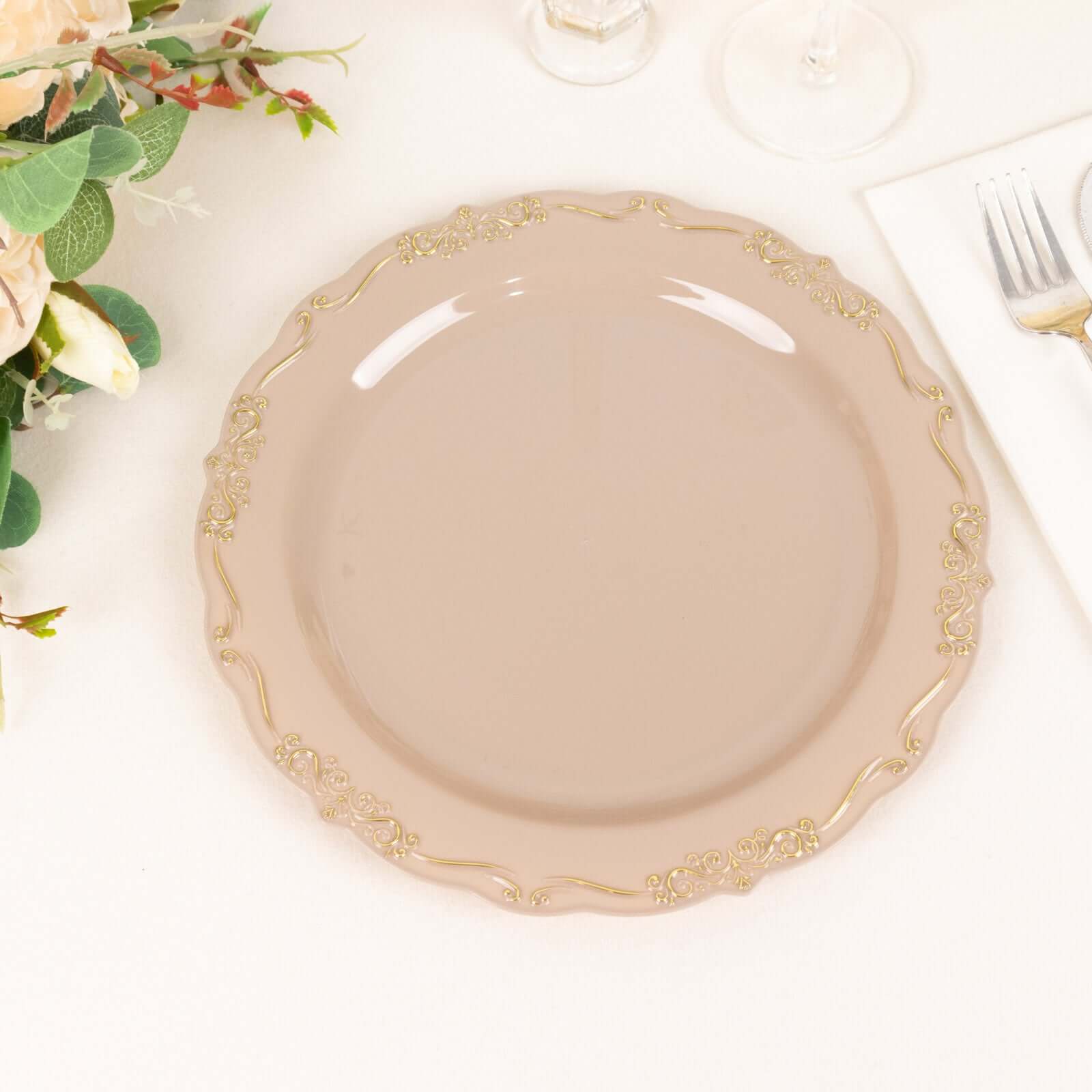 10-Pack Plastic 10 Round Dinner Plates in Taupe with Gold Vintage Embossed Rim - Sturdy Disposable Scalloped Edge Party Plates