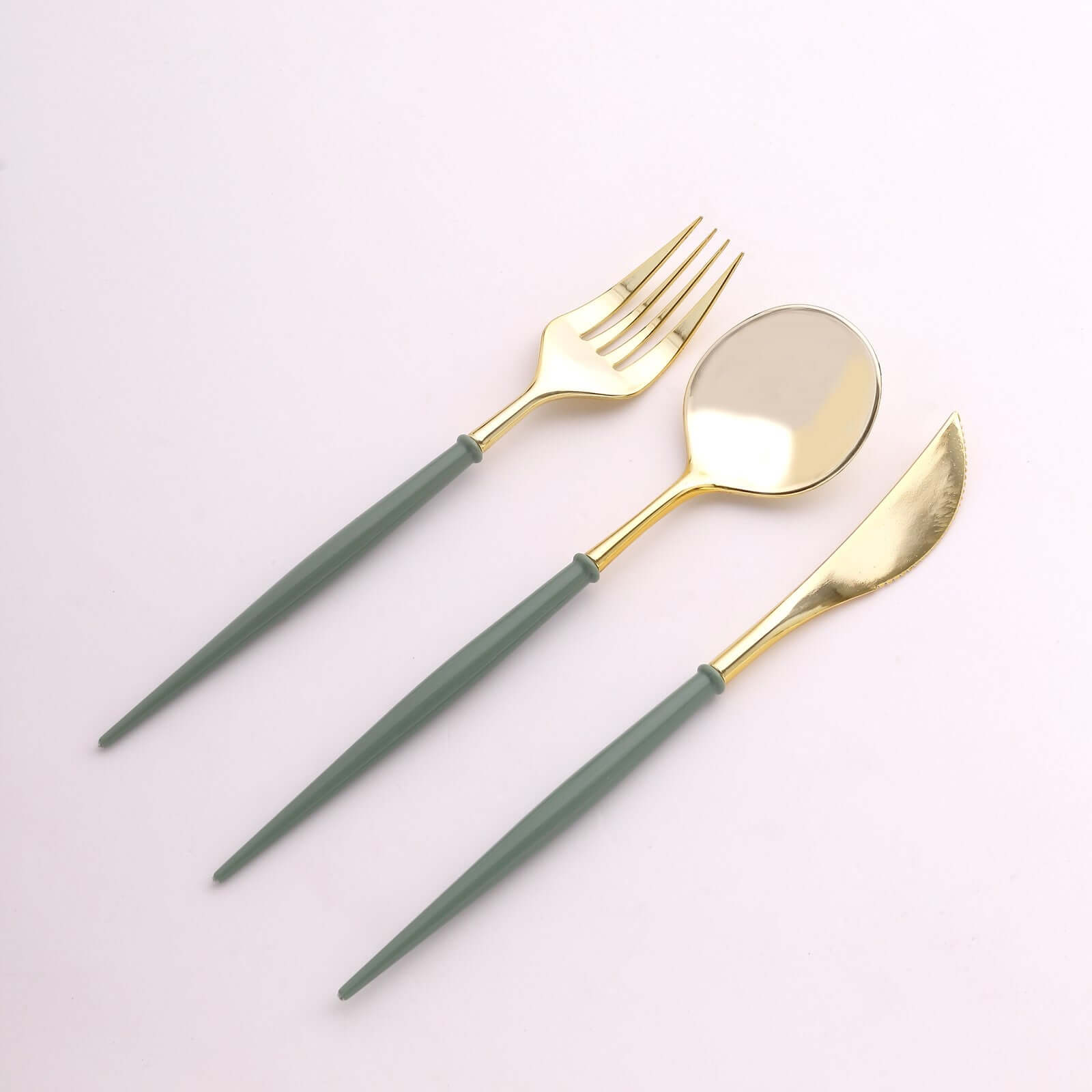 24-Pack Plastic Flatware Set in Metallic Gold with Dusty Sage Green Handle - Heavy Duty Disposable Modern Silverware 8