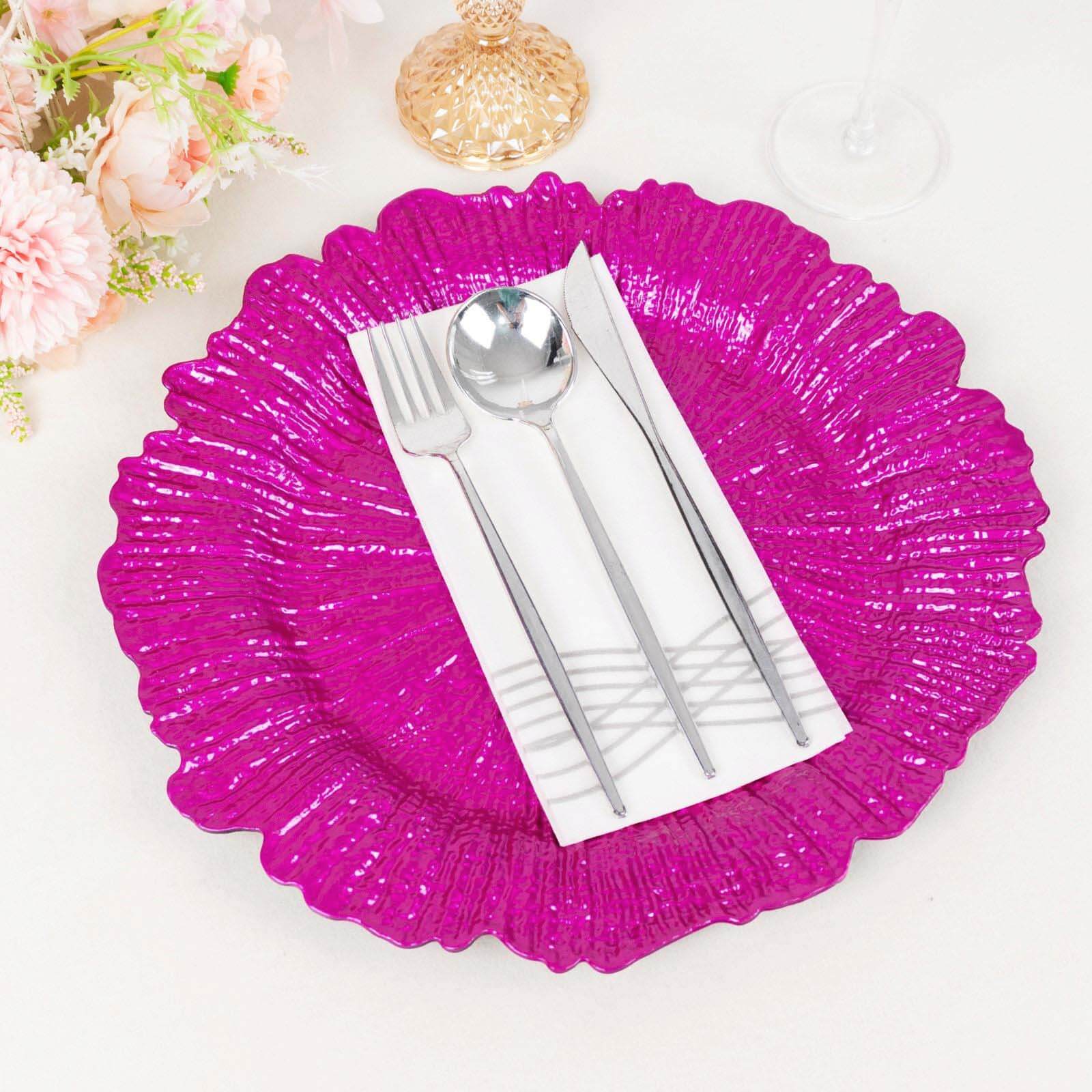 6-Pack Acrylic Plastic Round Charger Plates 13 in Fuchsia with Reef Design, Dinner Charger Tableware