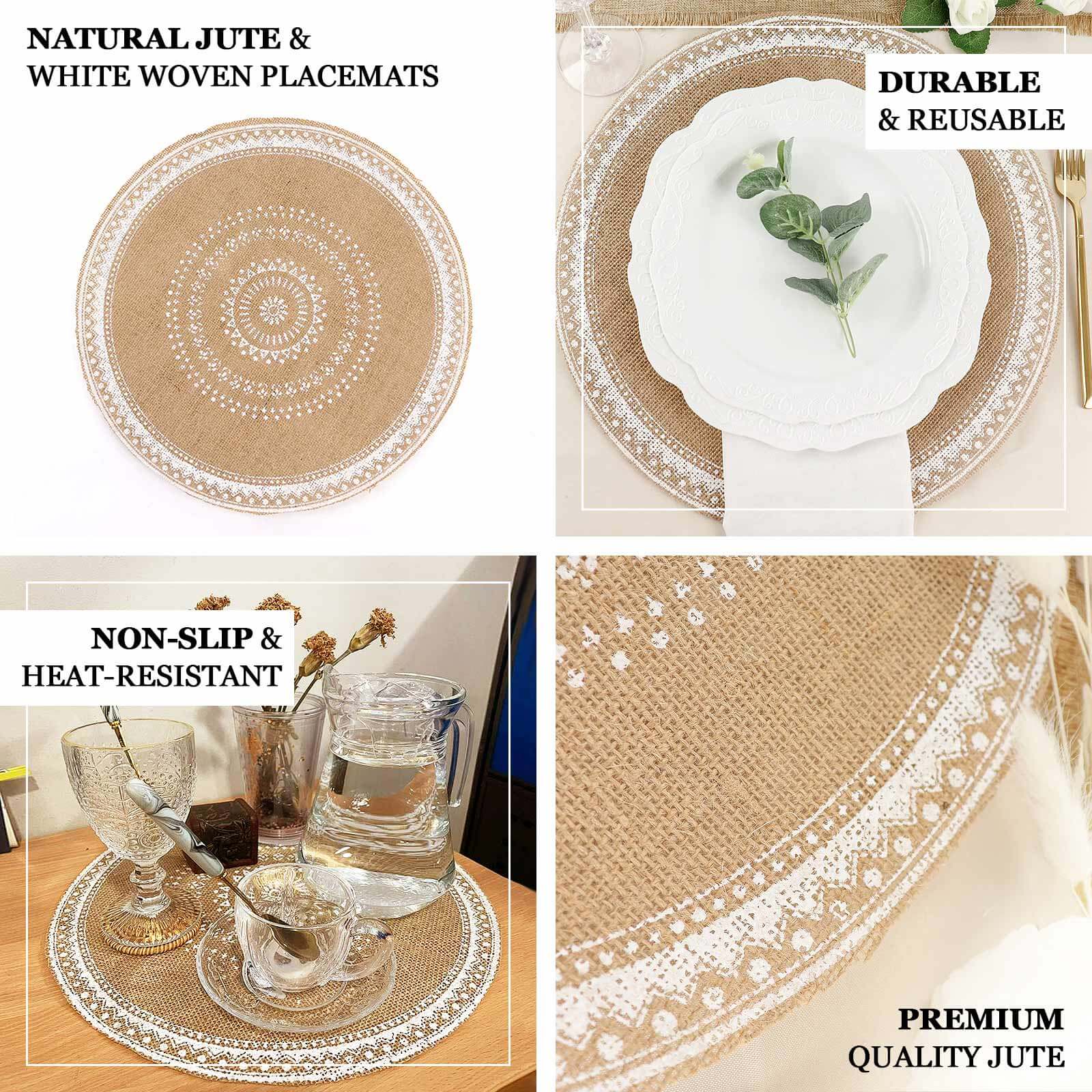 4-Pack Placemats Braided Design Natural Jute and White Round - Rustic Burlap Woven Table Mats 15