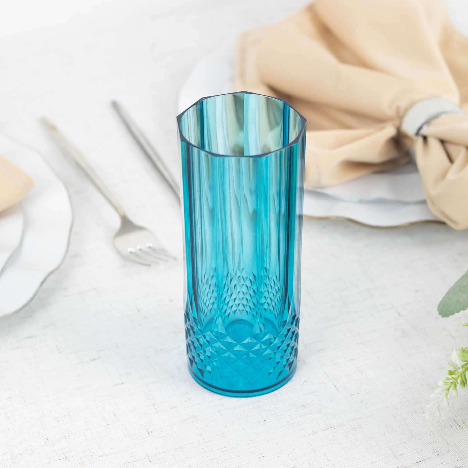 6-Pack Plastic Cocktail Tumblers Ocean Blue Transparent Crystal Cut Style - Shatterproof Highball Glasses 14oz