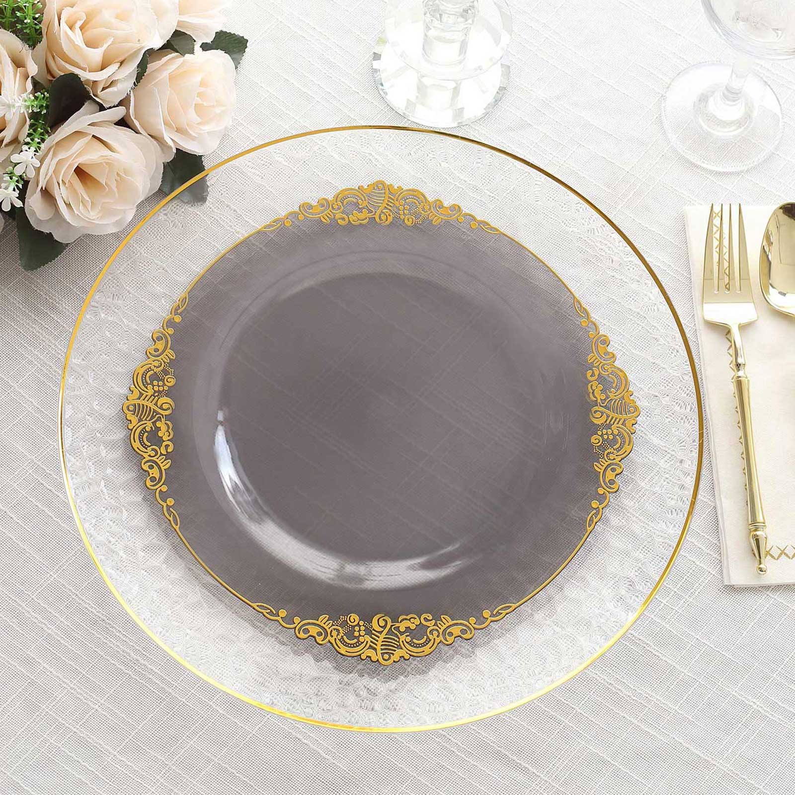 10-Pack Plastic 10 Round Dinner Plates in Transparent Black with Gold Leaf Embossed Rim - Disposable Vintage Baroque Style Plates