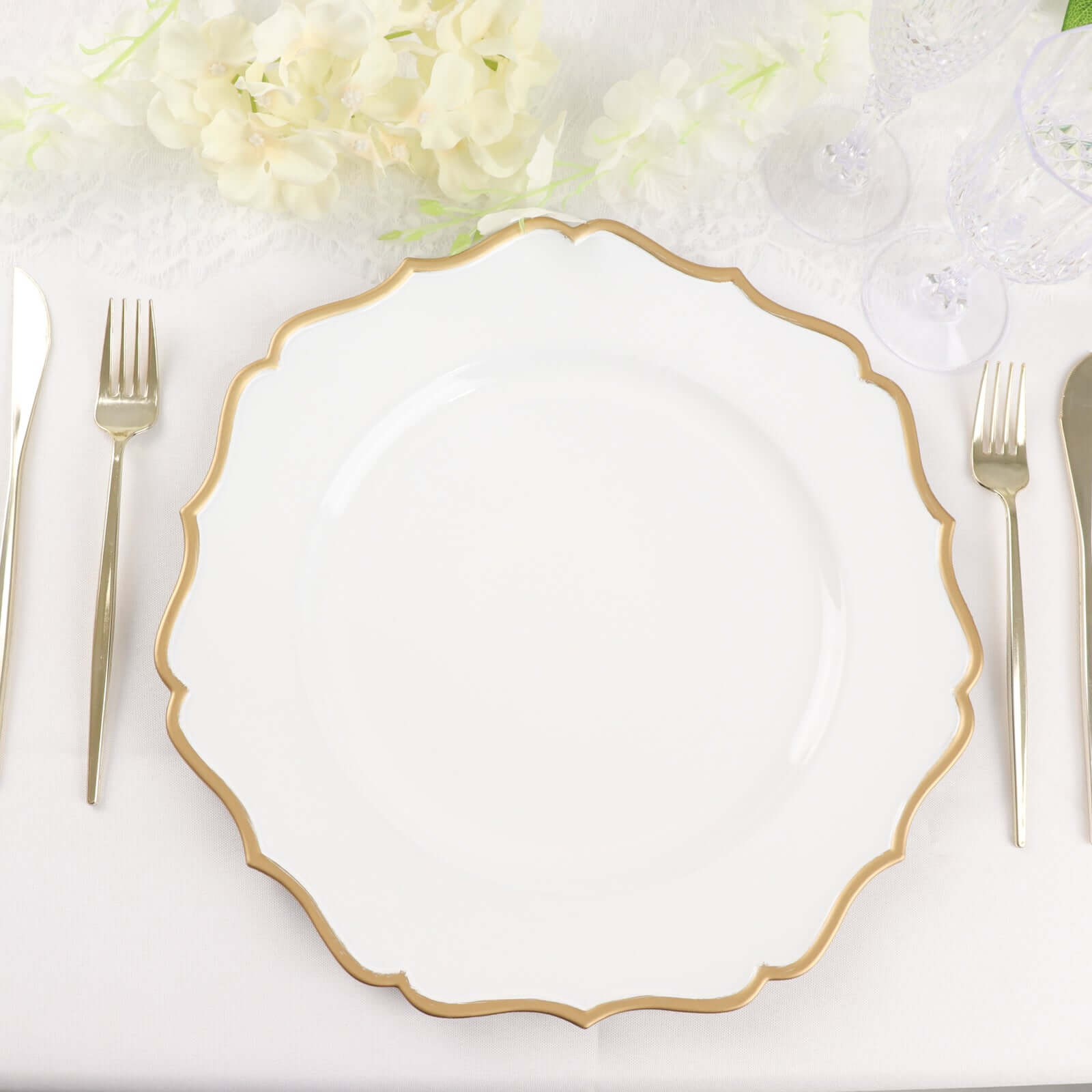 6-Pack Acrylic Round Charger Plates 13 in White with Gold Scalloped Rim, Decorative Dinner Party Plastic Charger Tableware