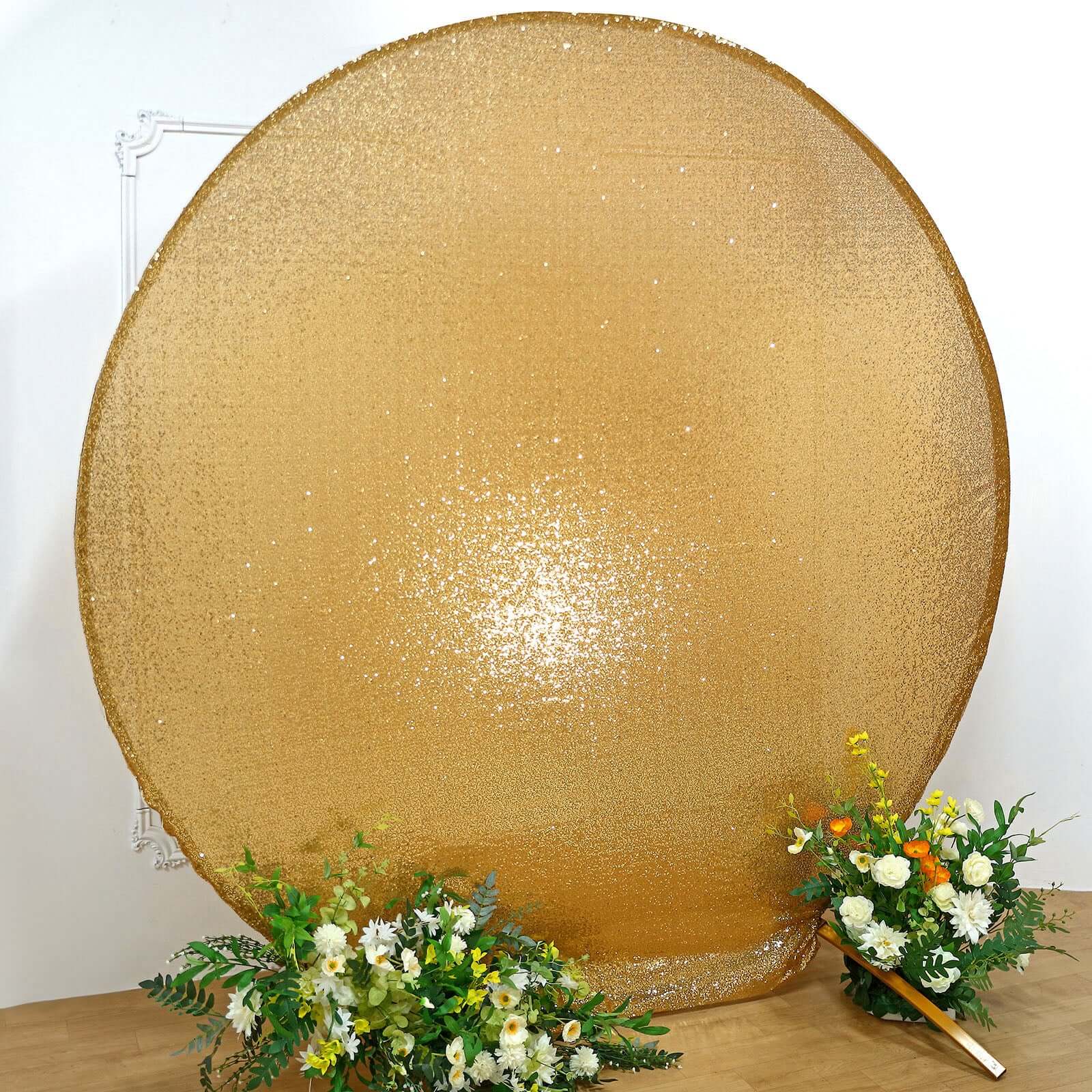 7.5ft Metallic Gold Sparkle Sequin Round Wedding Arch Cover, Shiny Shimmer Photo Backdrop Stand Cover, 2-Sided Custom Fit