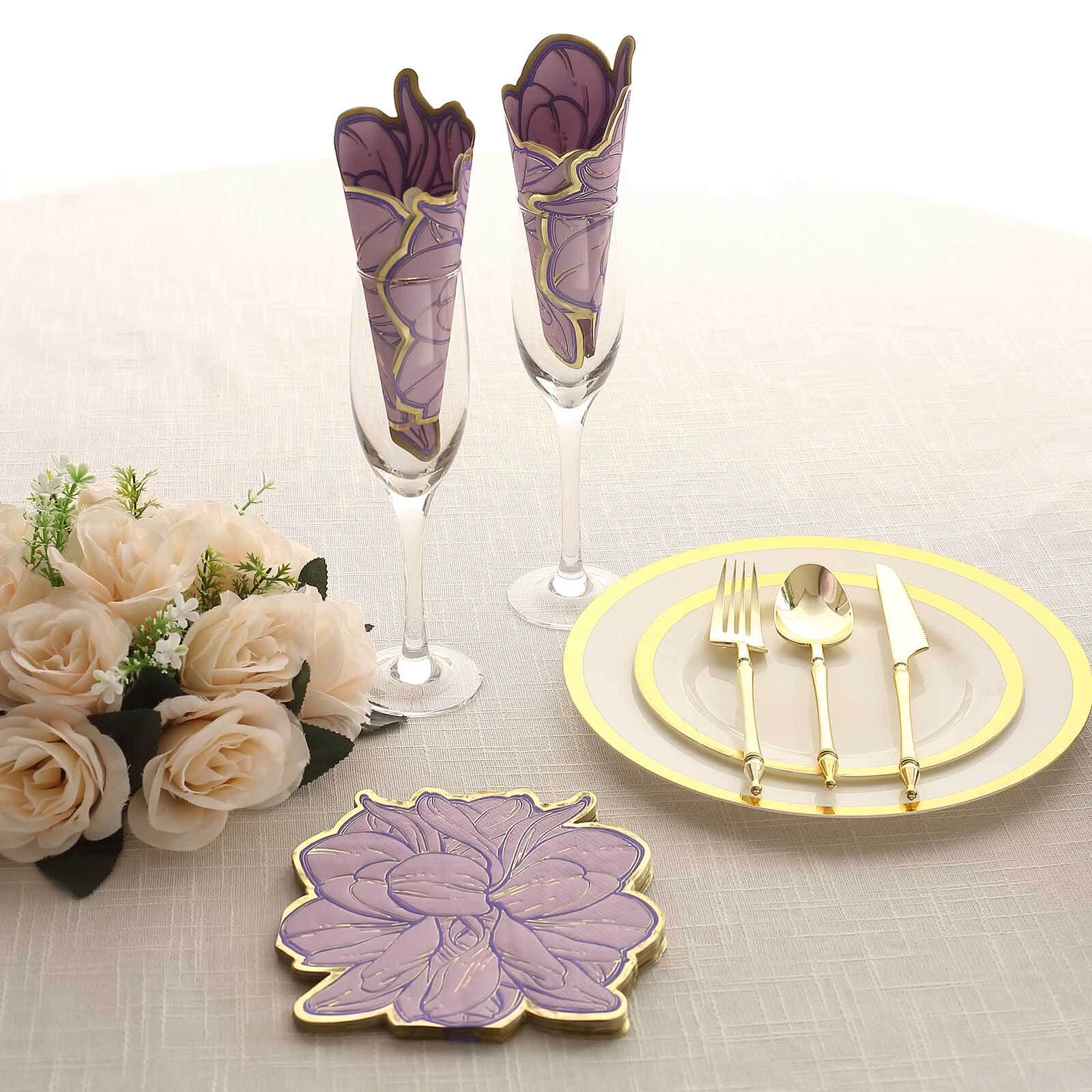 20-Pack Paper Cocktail Napkins with Purple Peony Flower Shape and Gold Edges - Stylish Disposable Party Napkins