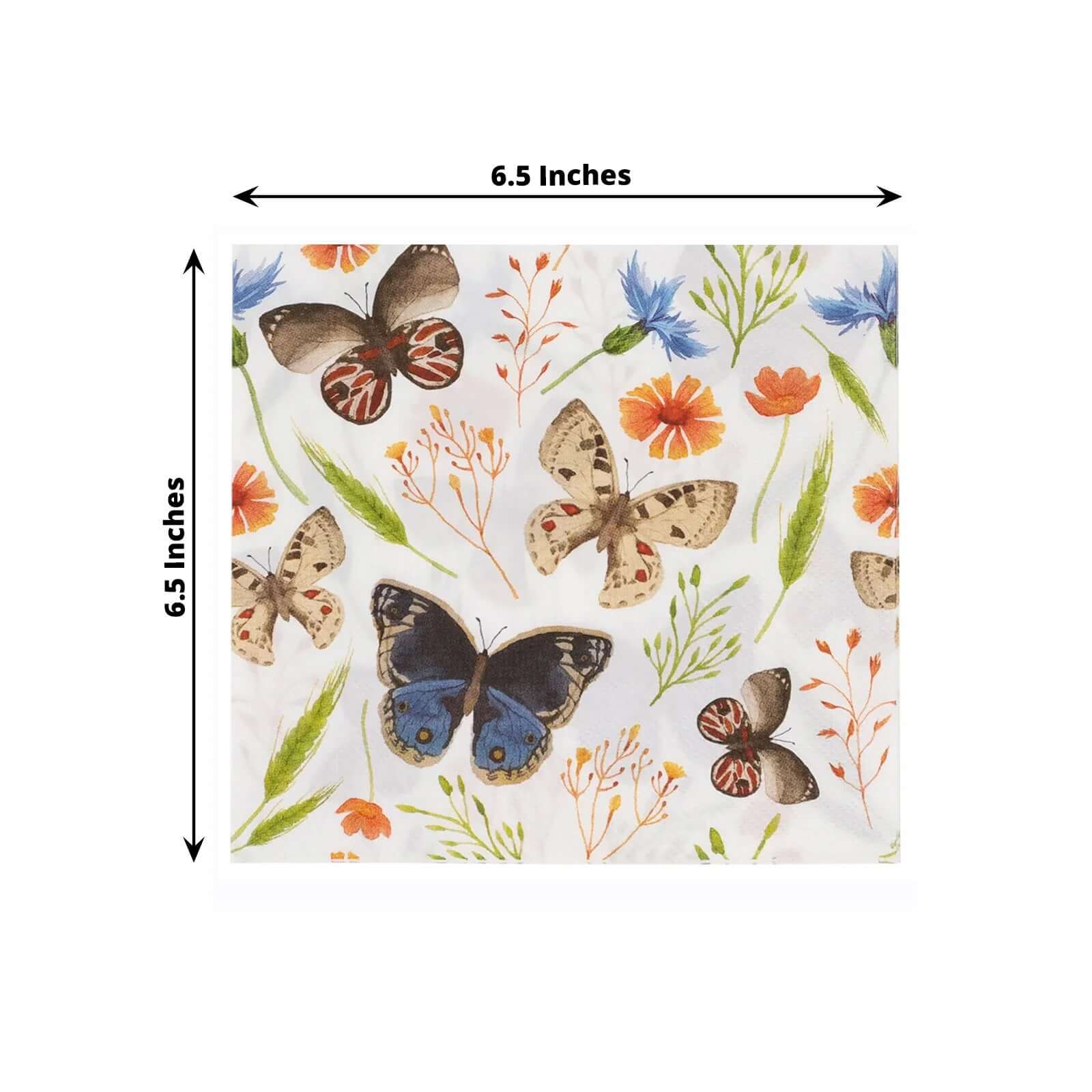 50-Pack Paper Beverage Napkins with Field Herbs and Butterfly Print Ivory - 2 Ply Disposable 18GSM Garden Party Napkins 5x5