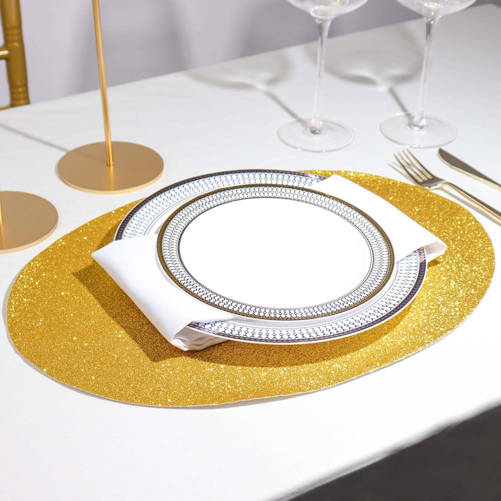 6-Pack Placemats Glitter Design Gold Sparkle Oval - Non-Slip Decorative Table Mats for Dining 12x18