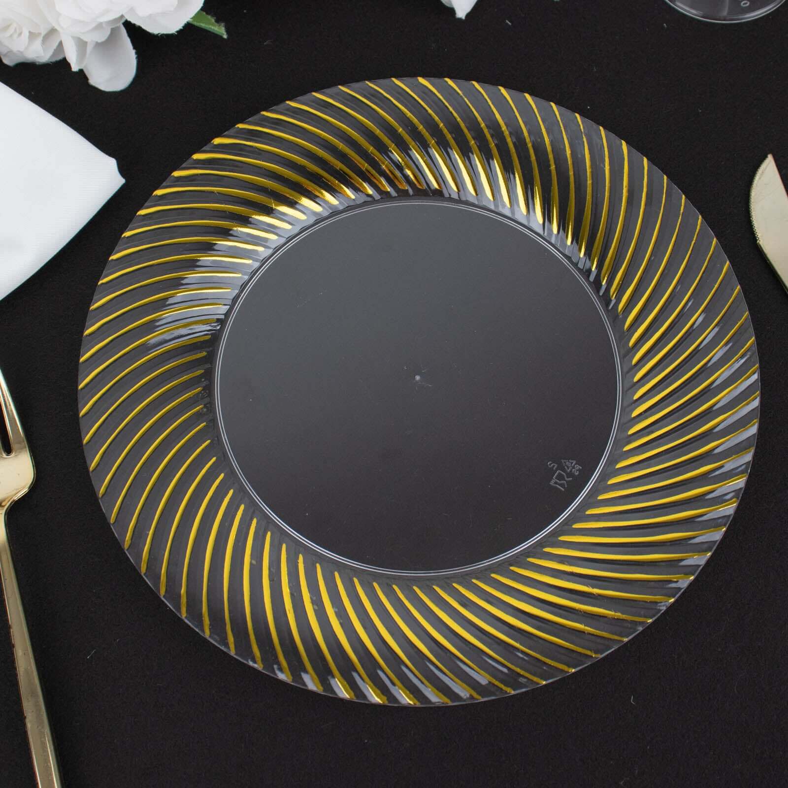 10-Pack Plastic 9 Round Dinner Plates Clear with Gold Swirl Rim - Disposable Party Plates for Classy Events & Banquets