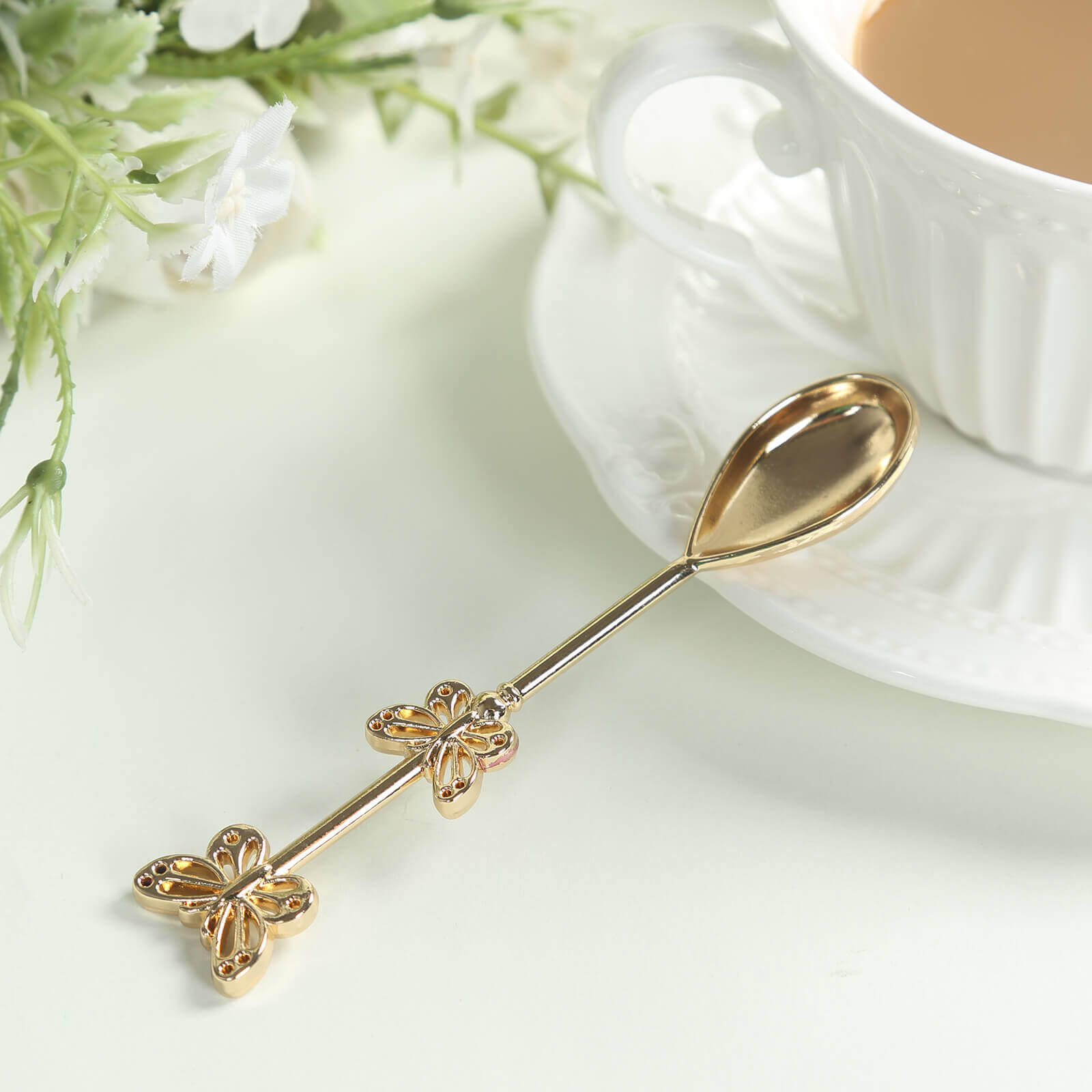 5 Pack Gold Metal Butterfly Handle Dessert Spoons in Clear Top Black Gift Box, Pre-Packed Mini Espresso Coffee Spoons Wedding Souvenir Gift with Thank You Tag and Ribbon - 4