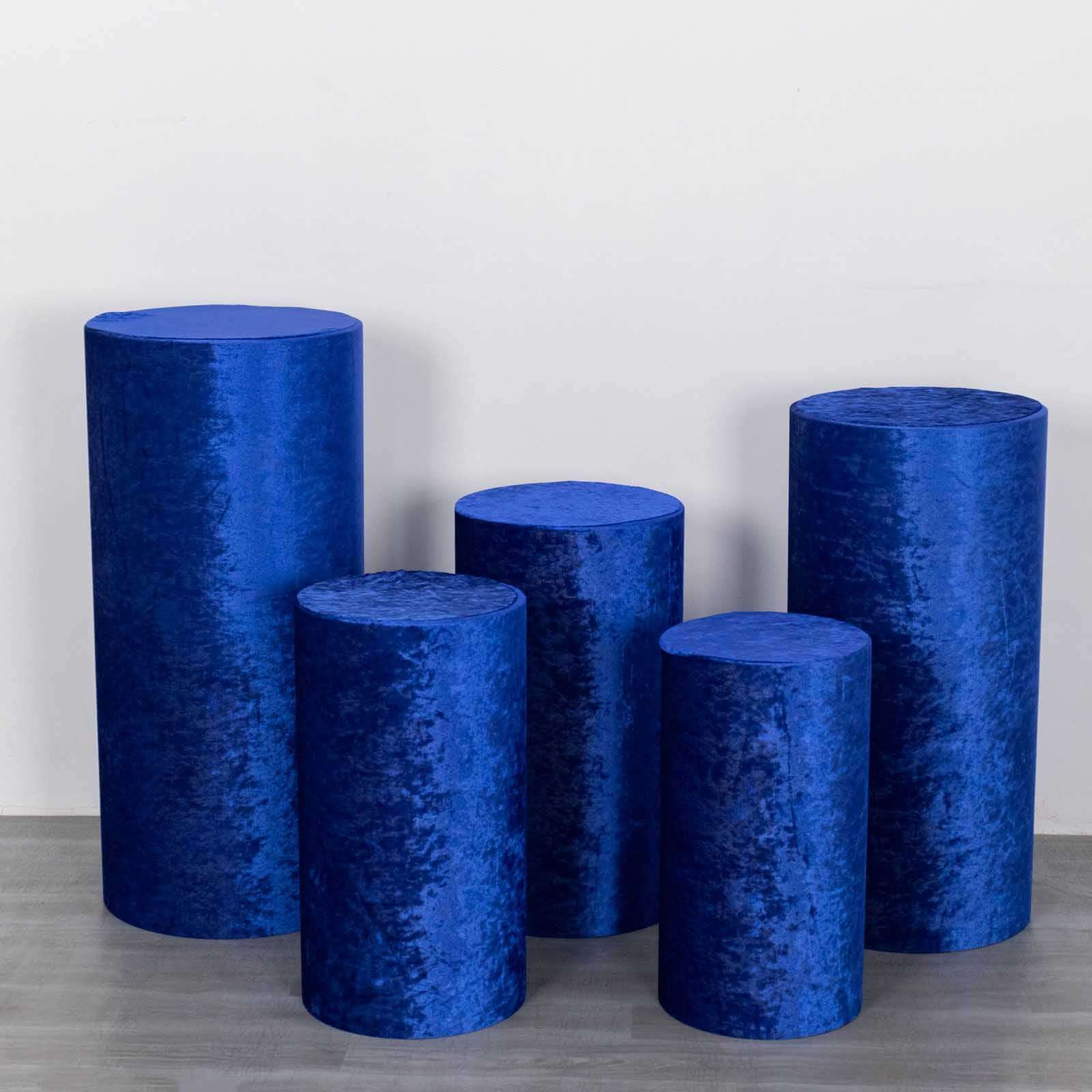 Set of 5 Royal Blue Crushed Velvet Cylinder Pedestal Stand Covers, Premium Pillar Prop Covers