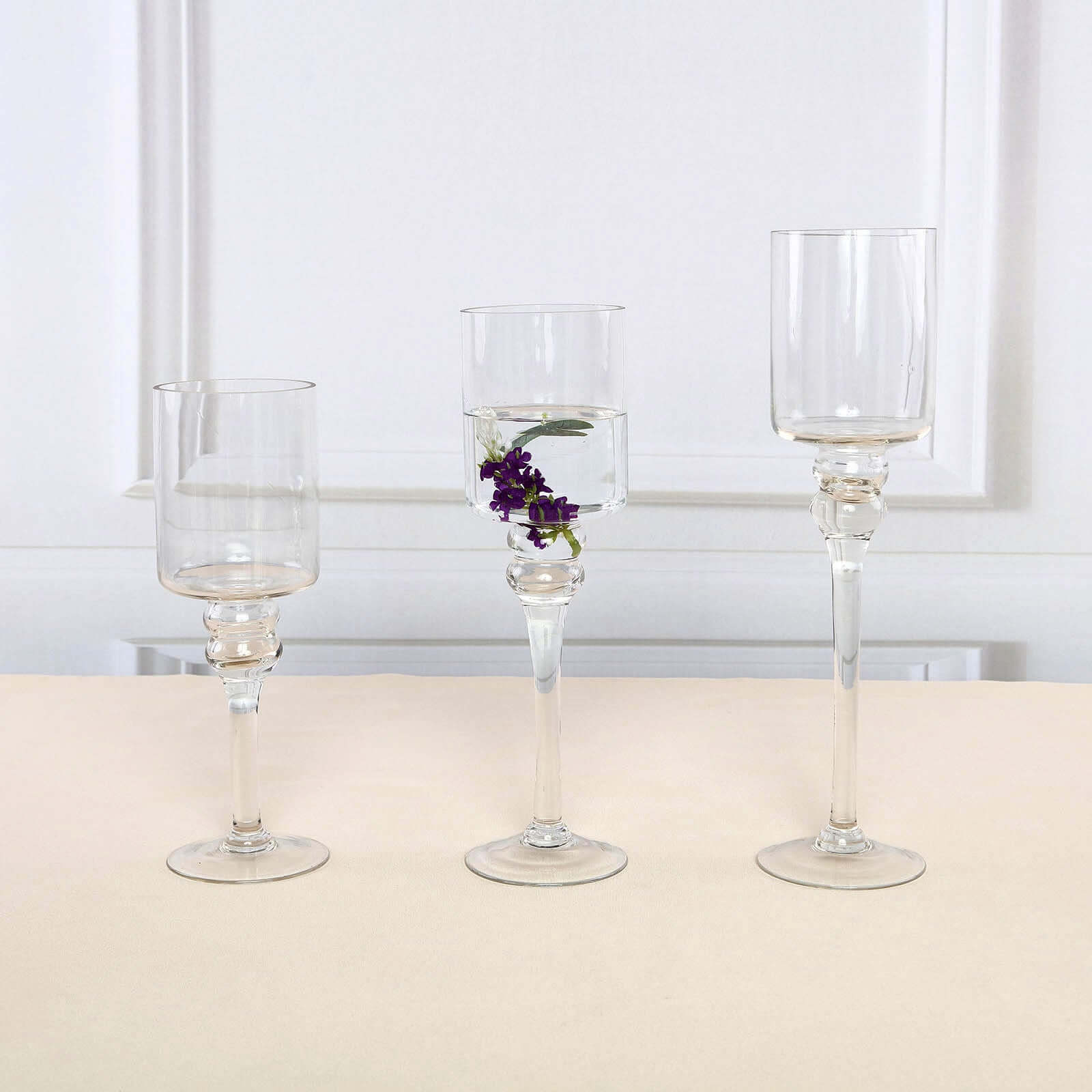 Set of 3 Glass Cylinder Vases Long Stem Clear - Decorative Candle Holder Floral Centerpieces 12, 14, 16