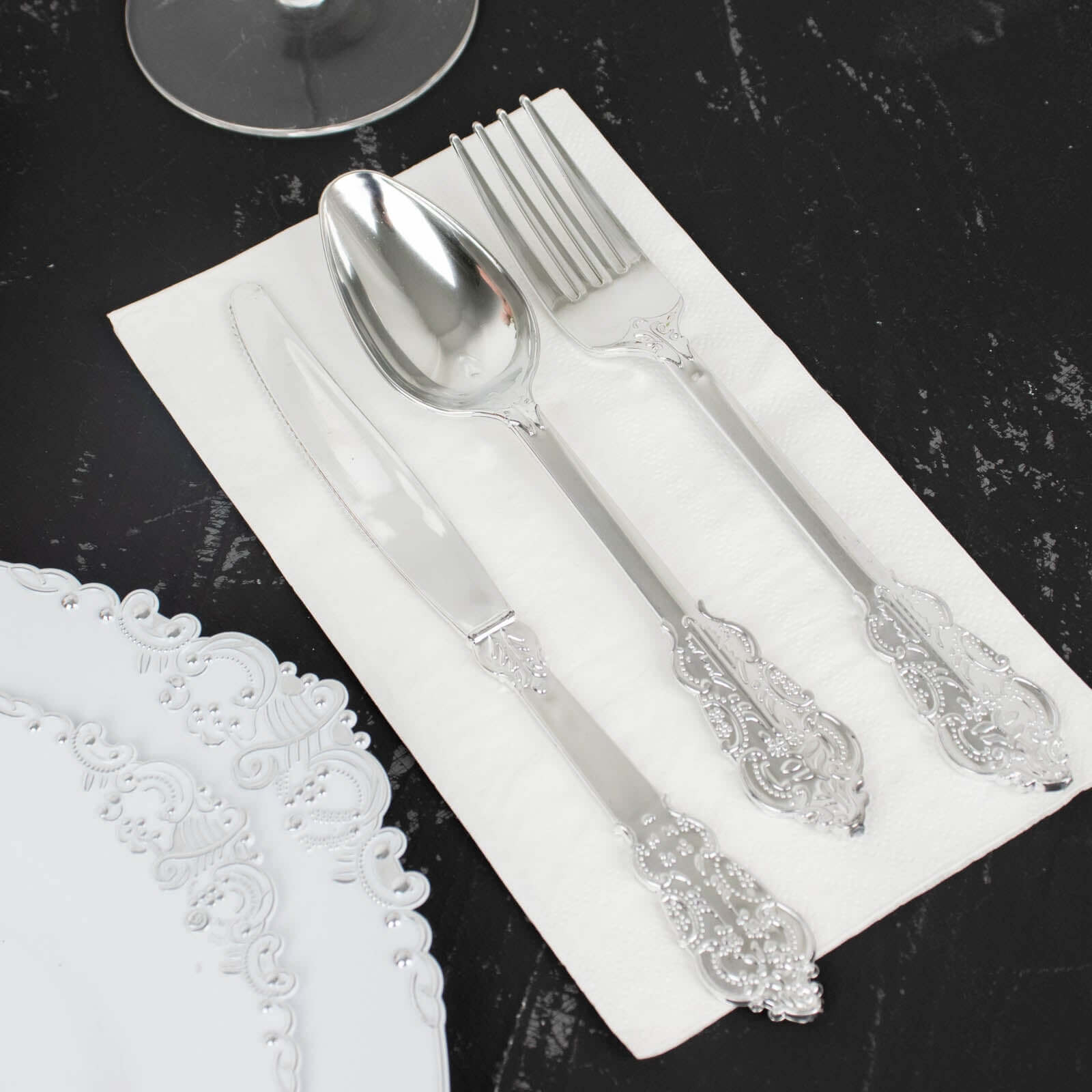 72 Pcs Plastic Silverware Set in Baroque Style Metallic Silver - Heavy Duty Disposable Knife, Fork, and Spoon Set