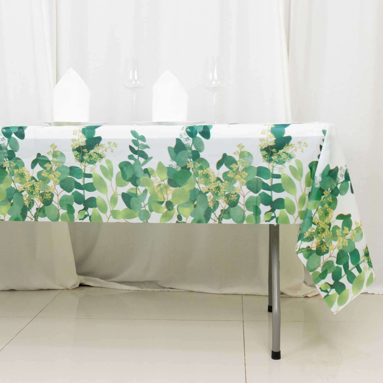 5-Pack Plastic Table Covers White/Green Rectangle with Eucalyptus Leaves Print - Decorative PVC Disposable Tablecloths 54x108