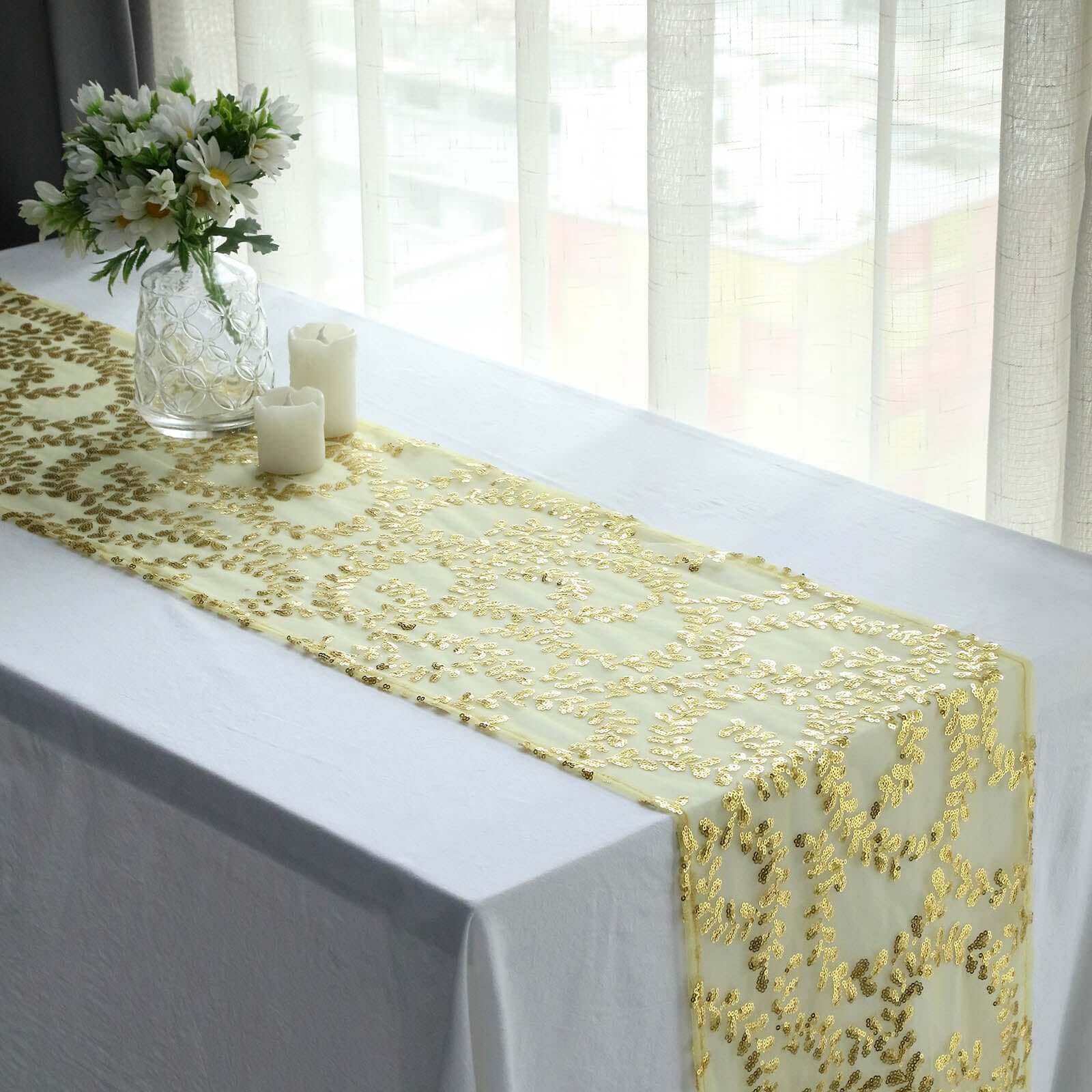 Mesh 12x108 Table Runner Gold - Leaf Vine Sequin Embroidered Design for Sophisticated Occasion