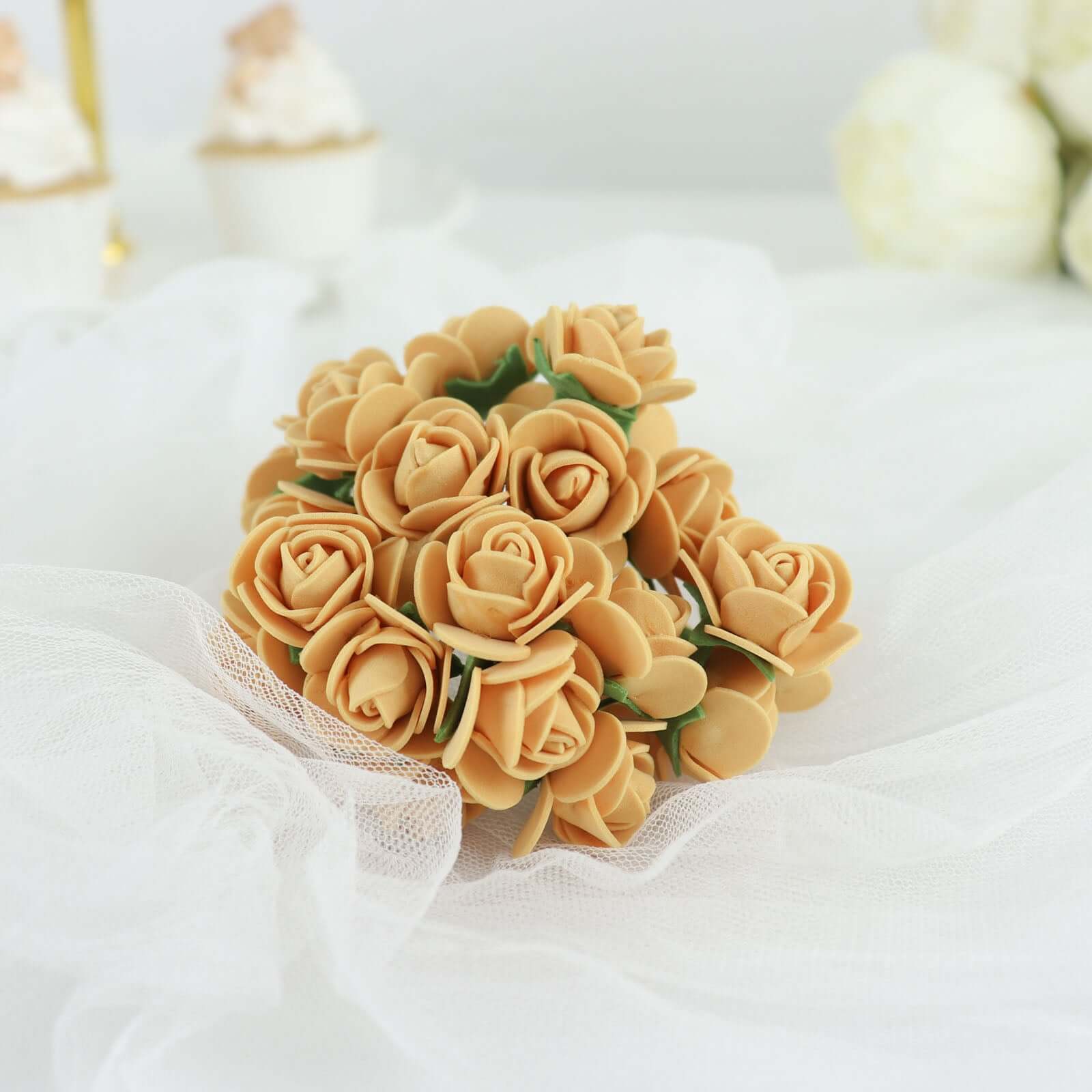 48 Roses 1 Gold Real Touch Artificial DIY Foam Rose Flowers With Stem, Craft Rose Buds