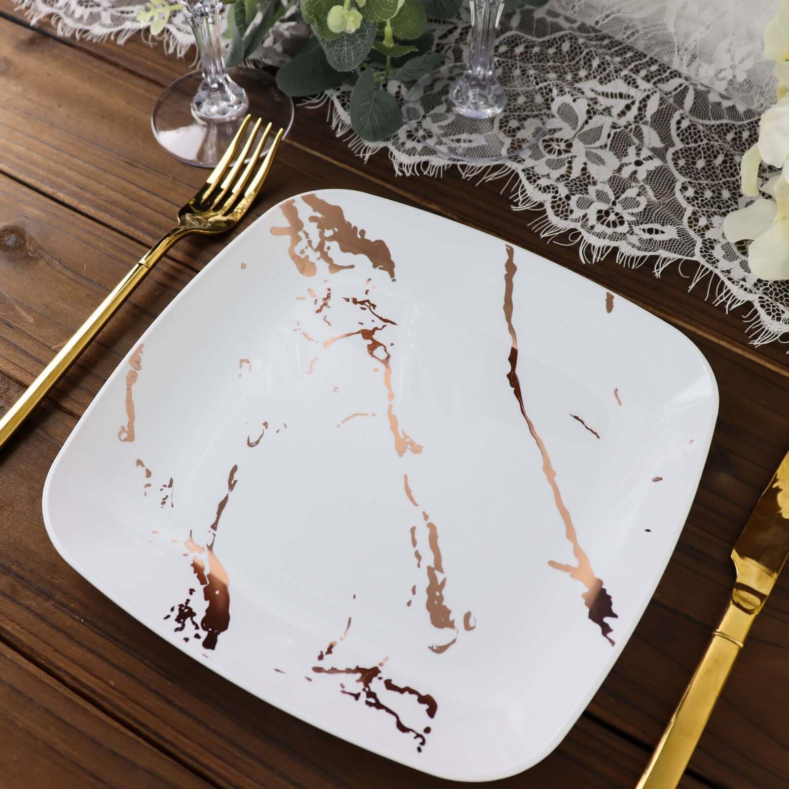 10-Pack Plastic 8 Square Dessert Plates in White with Rose Gold Marble Design - Disposable Appetizer Salad Party Plates