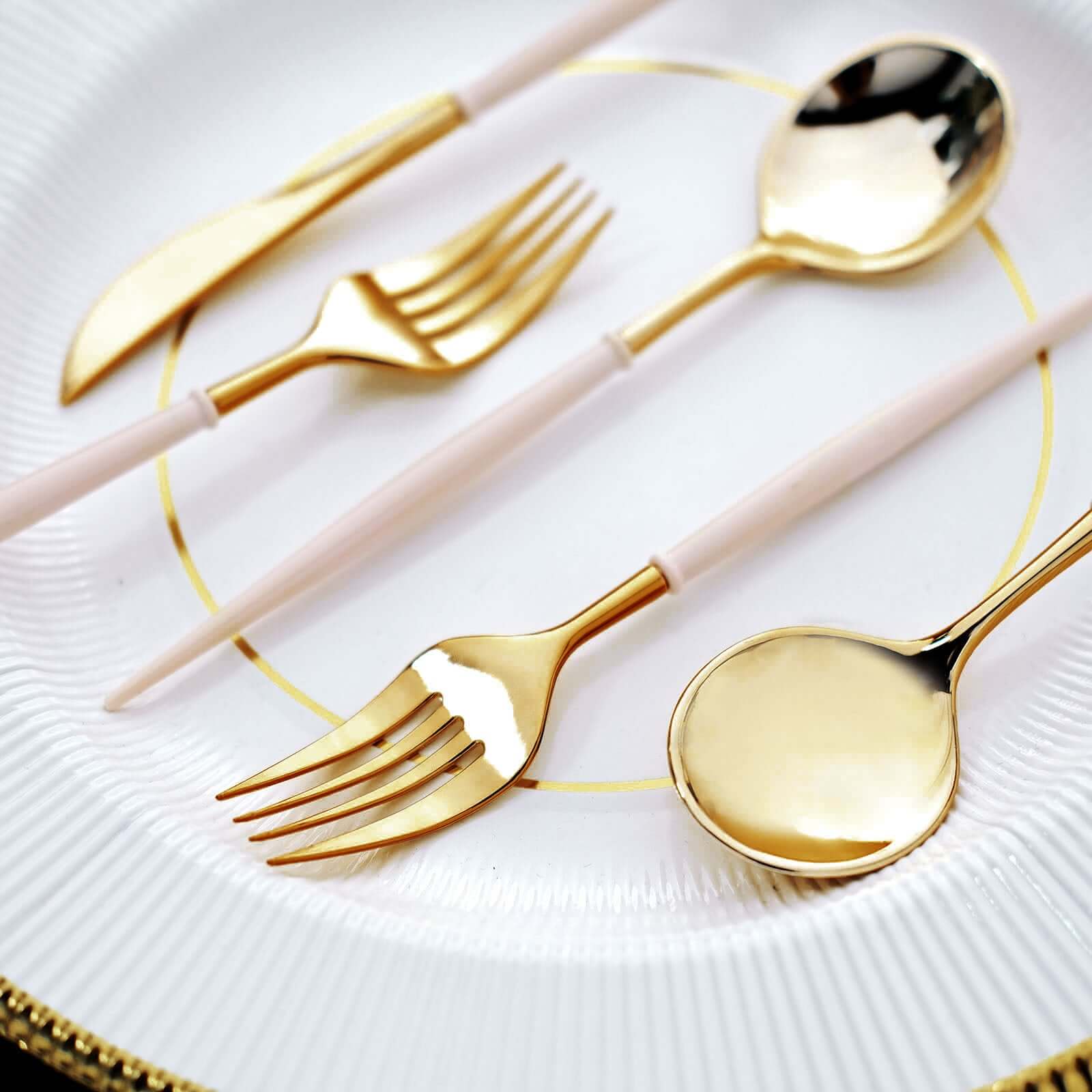 24-Pack Plastic Flatware Set in Metallic Gold with Blush Handle - Heavy Duty Disposable Modern Silverware 8