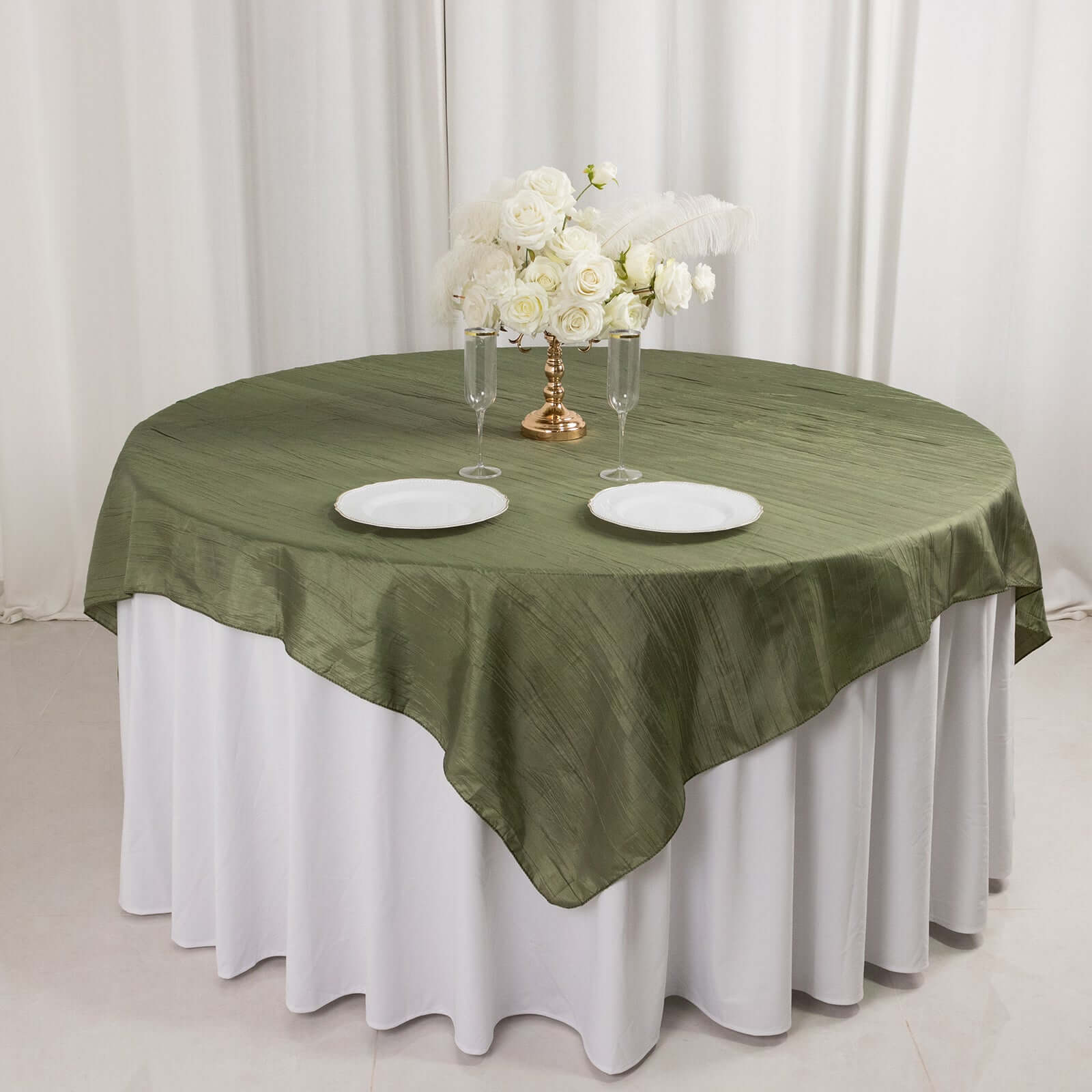 Taffeta 72x72 Table Overlay Square Tablecloth Dusty Sage Green - Accordion Crinkle Table Cover