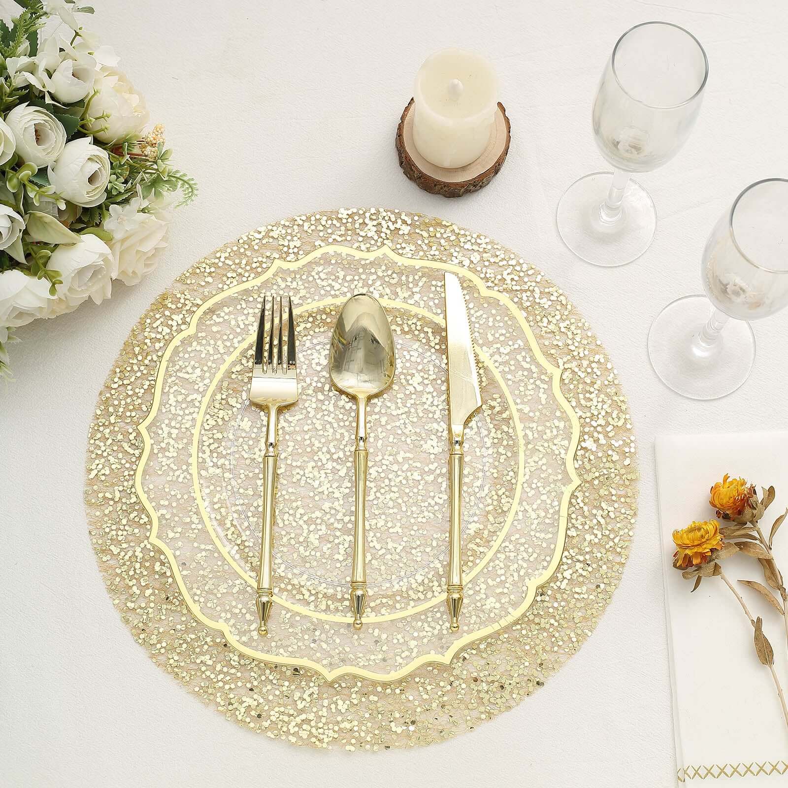 10-Pack Table Placemats Sequin Design Metallic Gold Round - Mesh Disposable Dust-Free Dining Mats 13