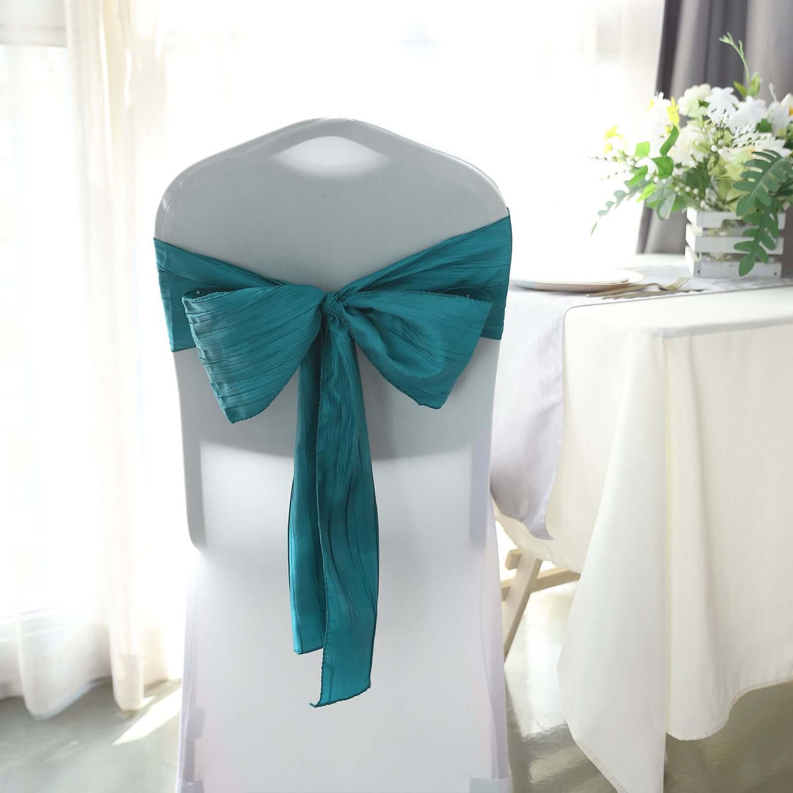 5 Pack Taffeta 6x106 Chair Sashes Teal Accordion Crinkle Texture - Stylish Decor for Weddings & Gatherings