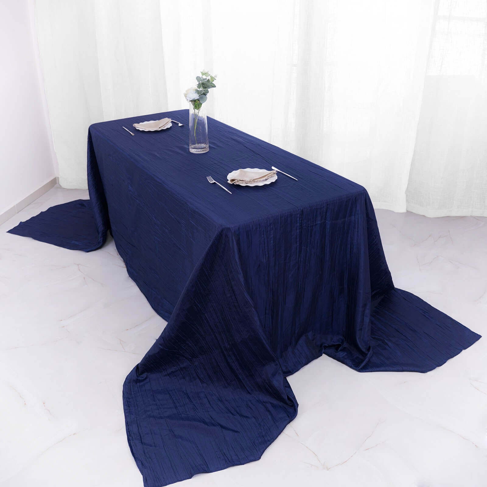 Taffeta 90x156 Rectangle Tablecloth Navy Blue - Accordion Crinkle Seamless Table Cover