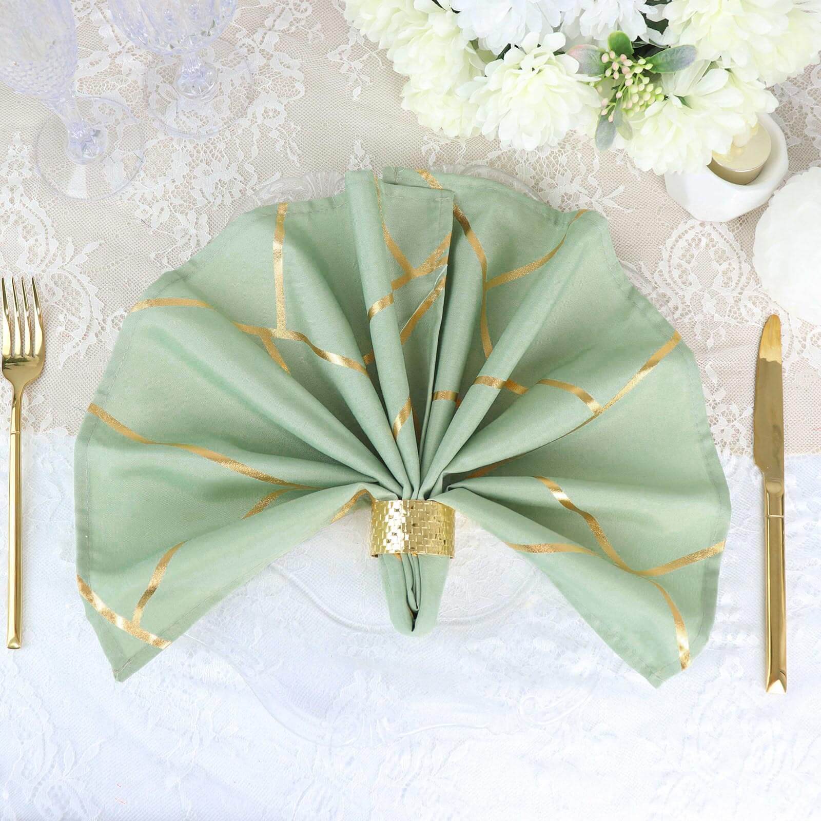5 Pack Polyester 20x20 Napkins Sage Green with Gold Geometric Foil Pattern - Modern Reusable Dinner Napkins