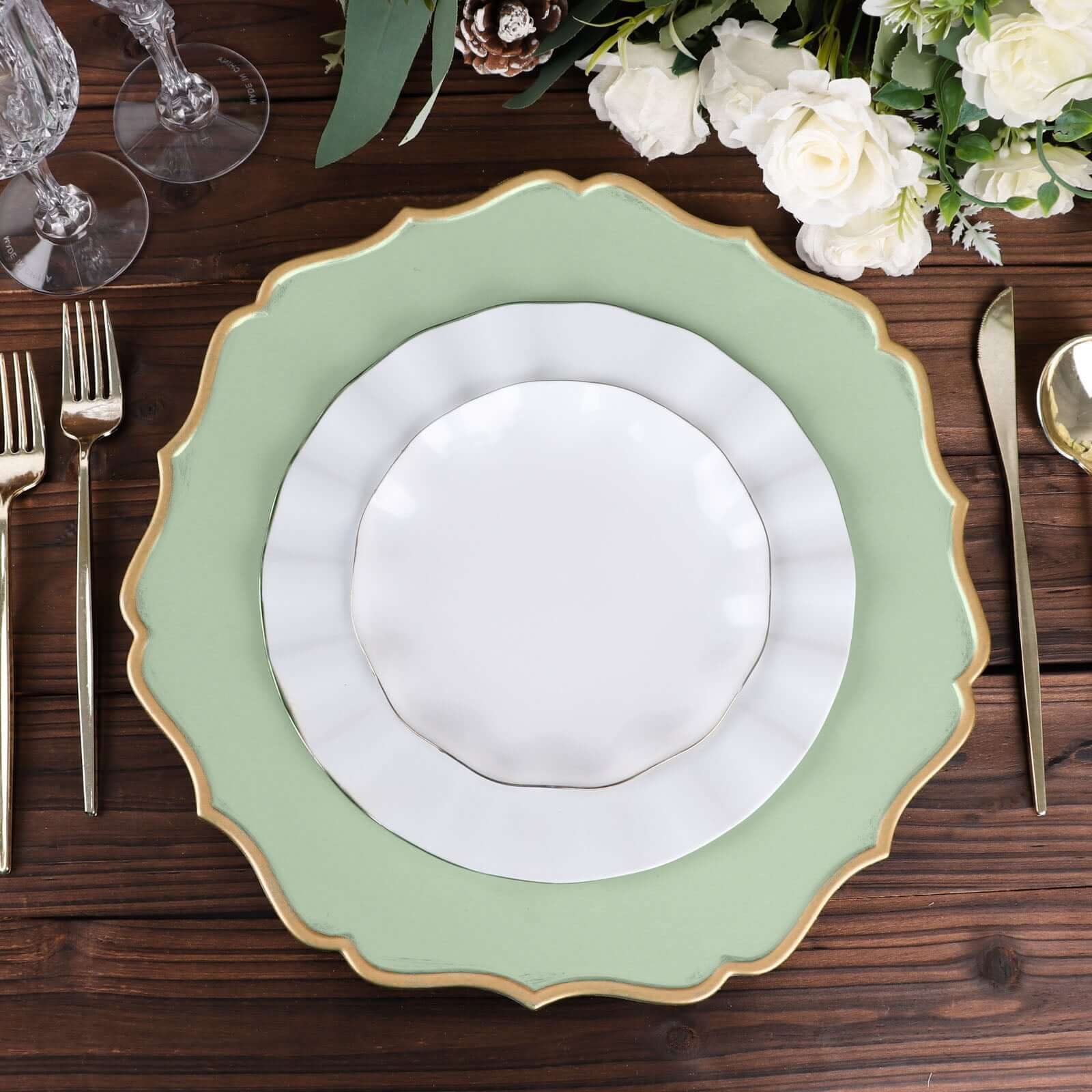 6-Pack Acrylic Round Charger Plates 13 in Sage Sage Green with Gold Scalloped Rim, Decorative Dinner Party Plastic Charger Tableware