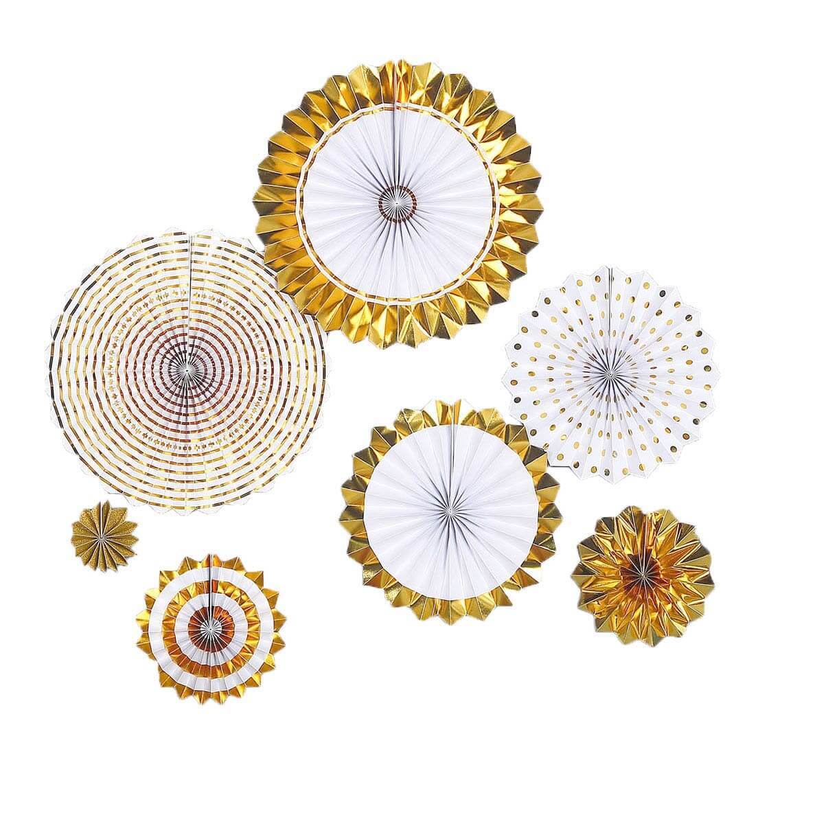 Set of 8 Gold White Hanging Paper Fan Decorations, Pinwheel Wall Backdrop Party Kit - 4, 8, 12, 16