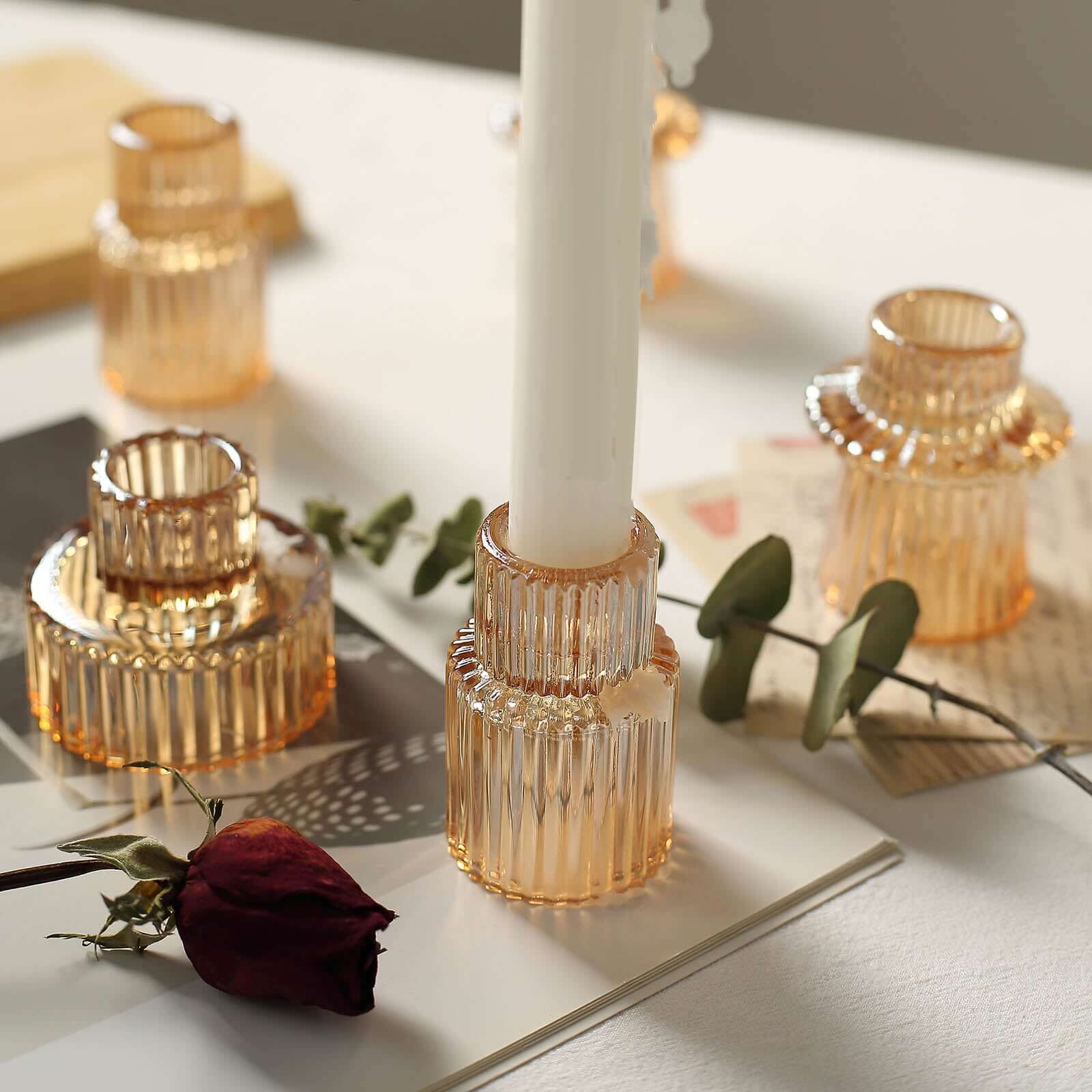 Set of 6 Glass Taper Candle Holders Ribbed Crystal Design Amber Gold - Reversible Mini Votive Tealight Stands 3