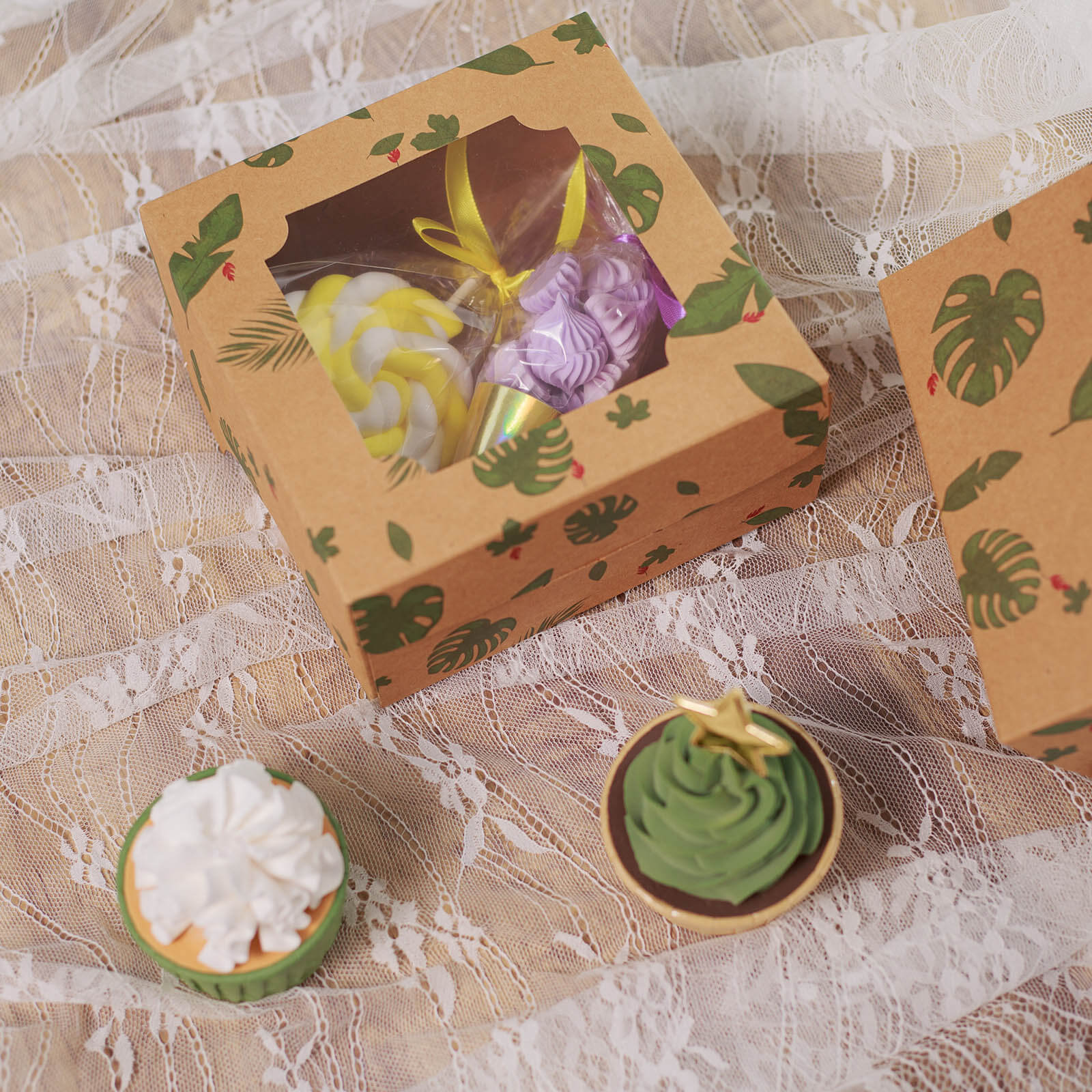 12-Pack Cardstock Cookie Boxes with Display Window - Tropical Leaf Design Disposable Treat Bakery Boxes for Donuts Cupcakes Strawberries & Pastries 6x6x3