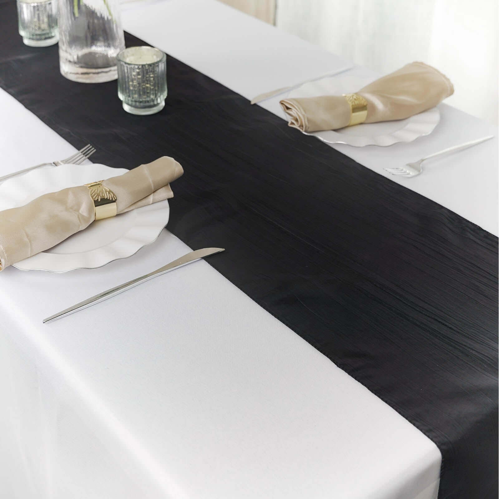 Taffeta 12x108 Table Runner Black - Accordion Crinkle Design