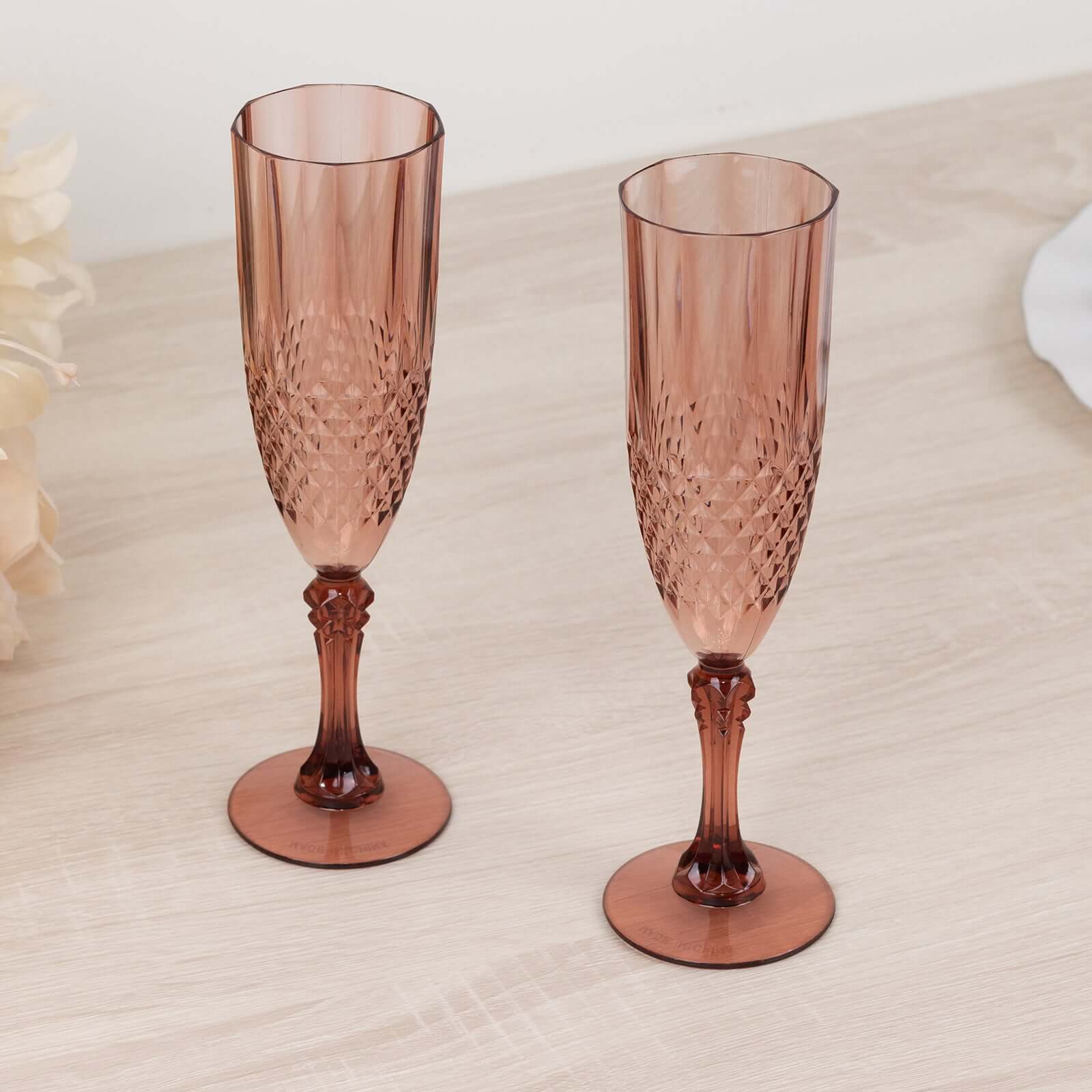 6-Pack Plastic Wedding Toast Flutes Dusty Rose Transparent Crystal Cut Style - Reusable Champagne Glasses 8oz