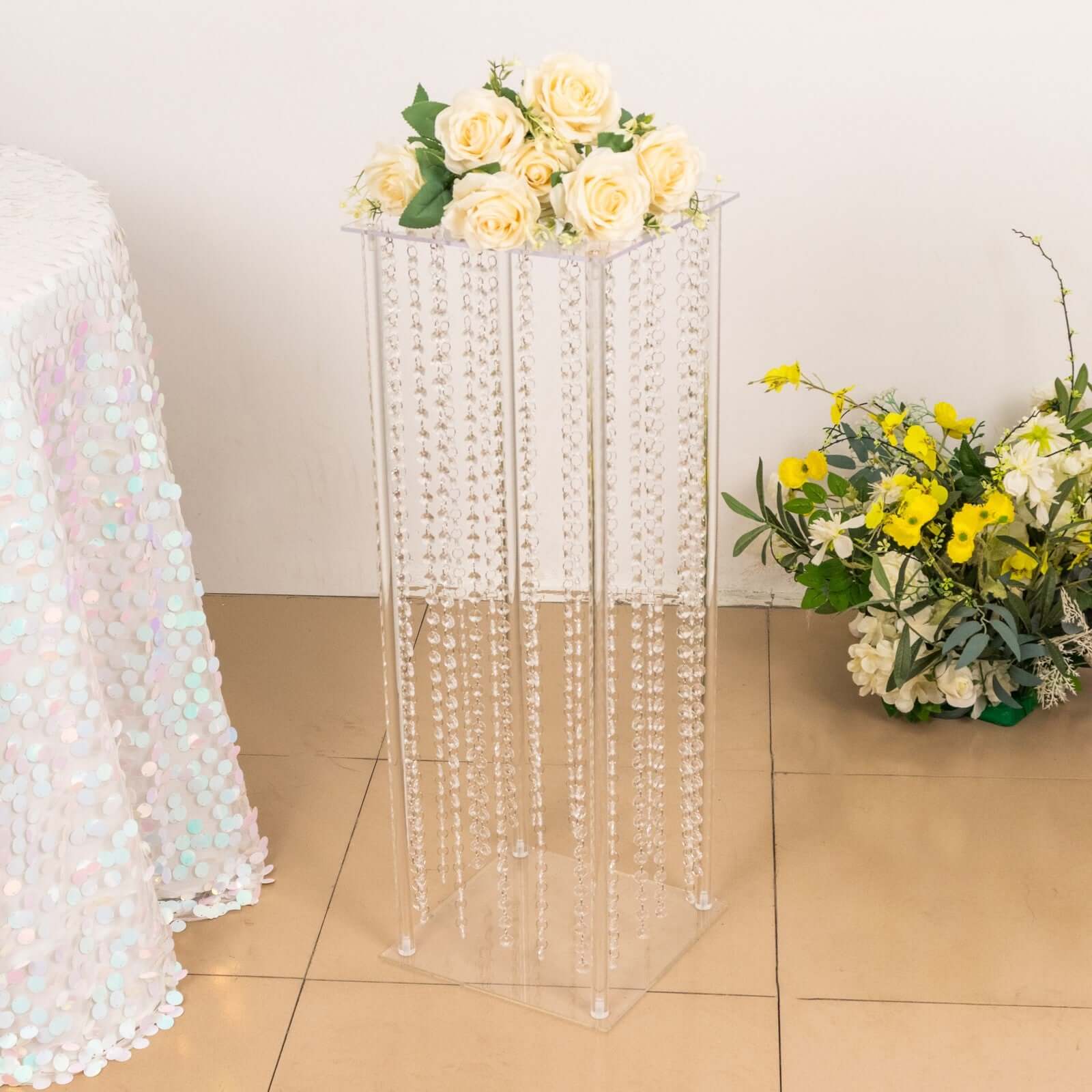 Acrylic Flower Pedestal Vase Pillar Stand with Crystal Beads Clear - Decorative Wedding Floor Centerpiece 32