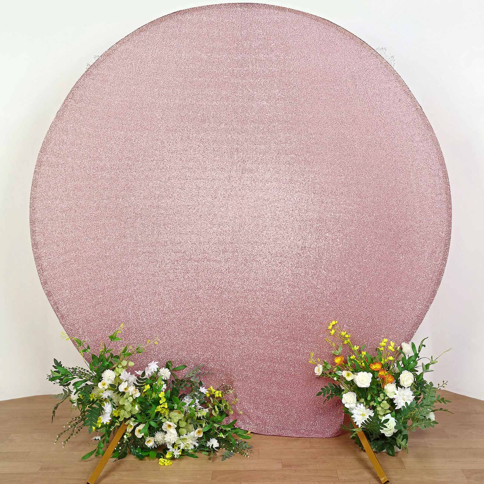 7.5ft Rose Gold Metallic Shimmer Tinsel Spandex Round Wedding Arch Cover, 2-Sided Photo Backdrop