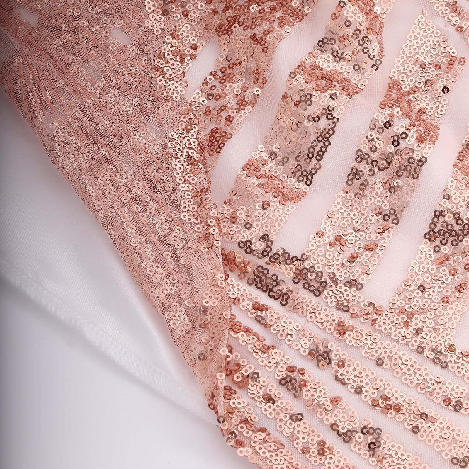 8ftx8ft Rose Gold Geometric Sequin Event Curtain Drapes with Satin Backing, Seamless Opaque Sparkly Backdrop Event Panel in Diamond Glitz Pattern