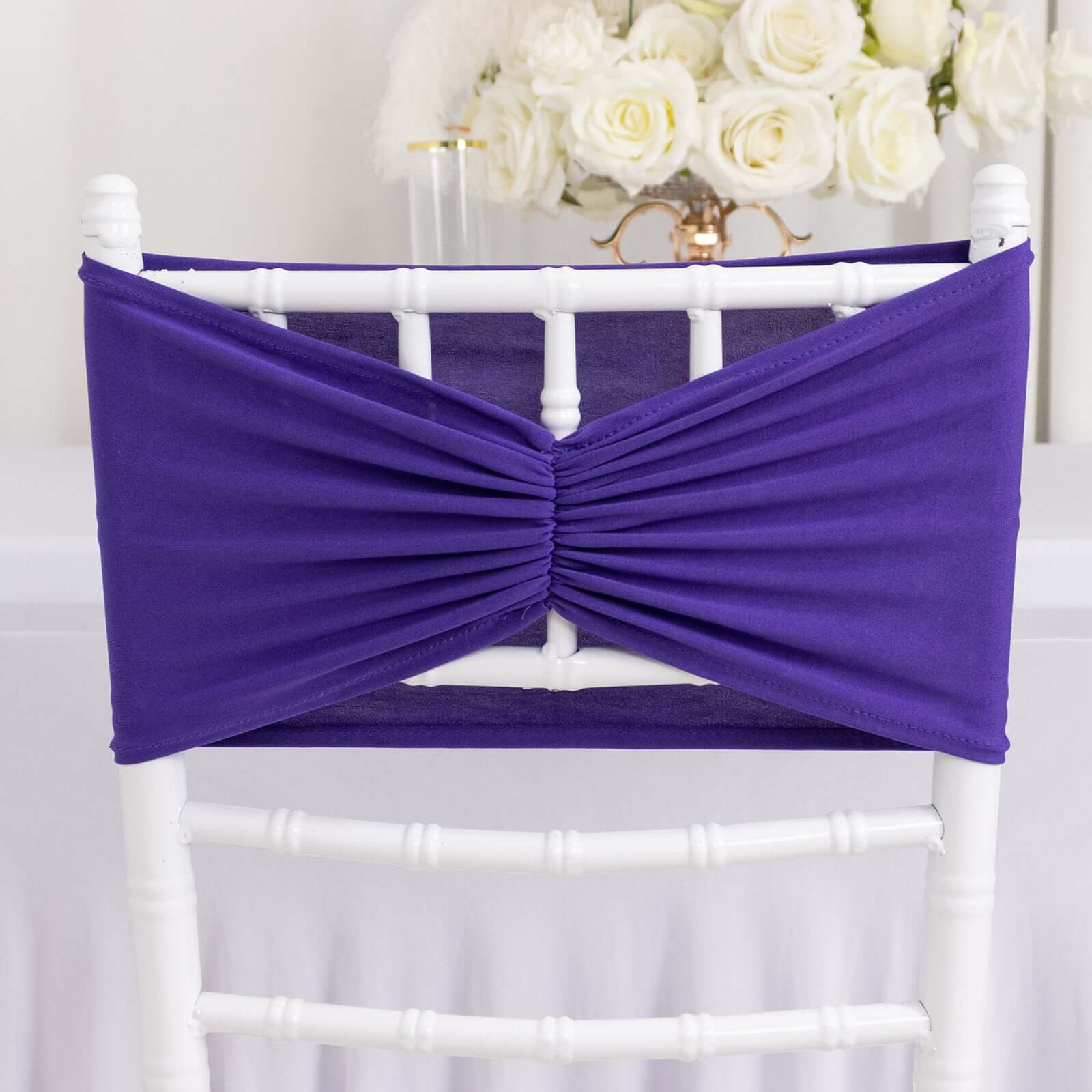 5 Pack Spandex Chair Sashes Purple Ruffled Style - Wide Easy to Use Stretch Chair Bands 8x13