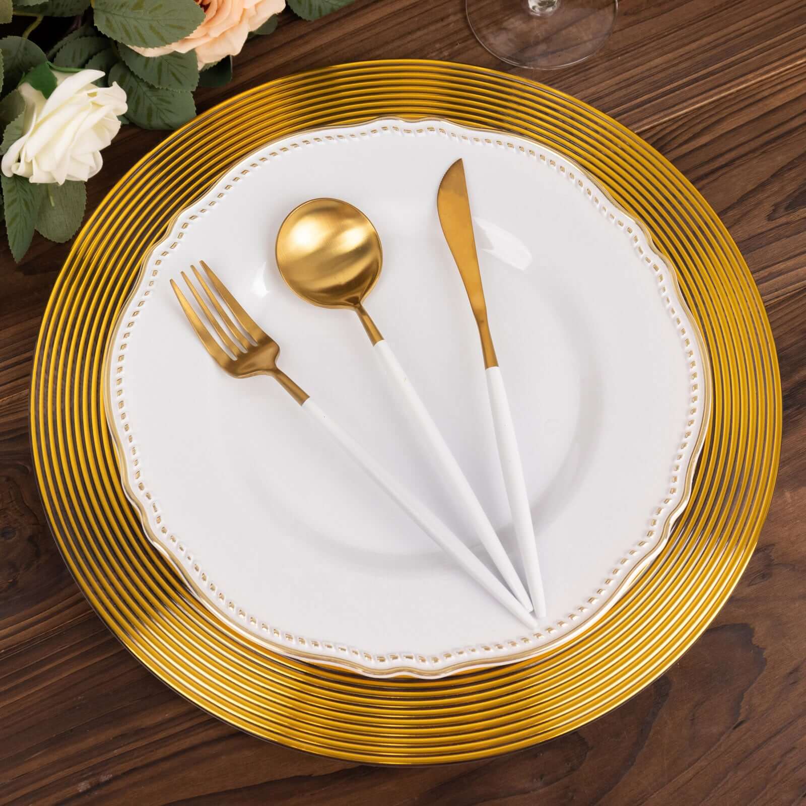 6-Pack Plastic Round Charger Plates 13 in Clear with Gold Lined Ring Rim, Classy Dinner Serving Plates